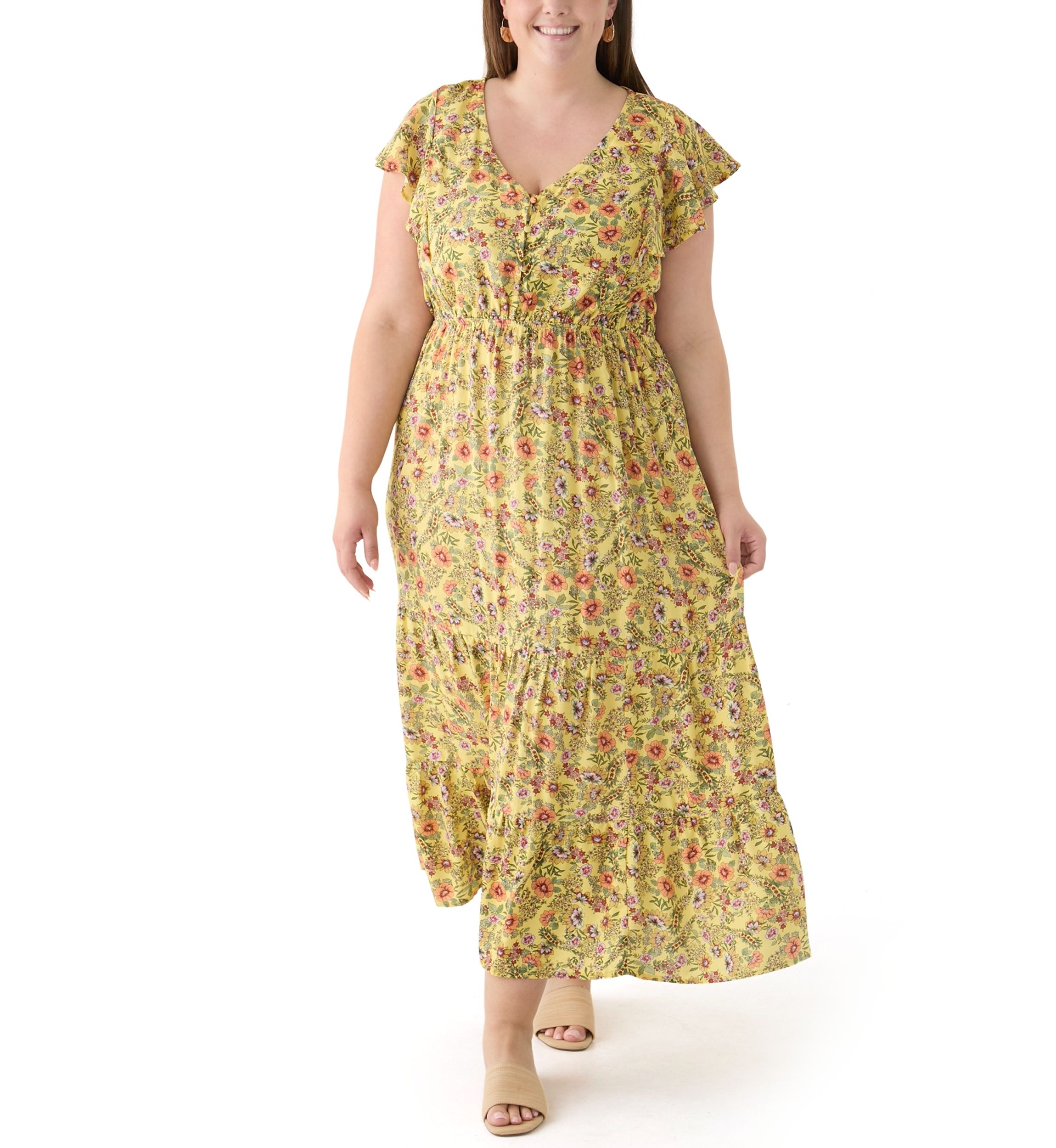 Plus Size Printed Flutter Sleeve Dress