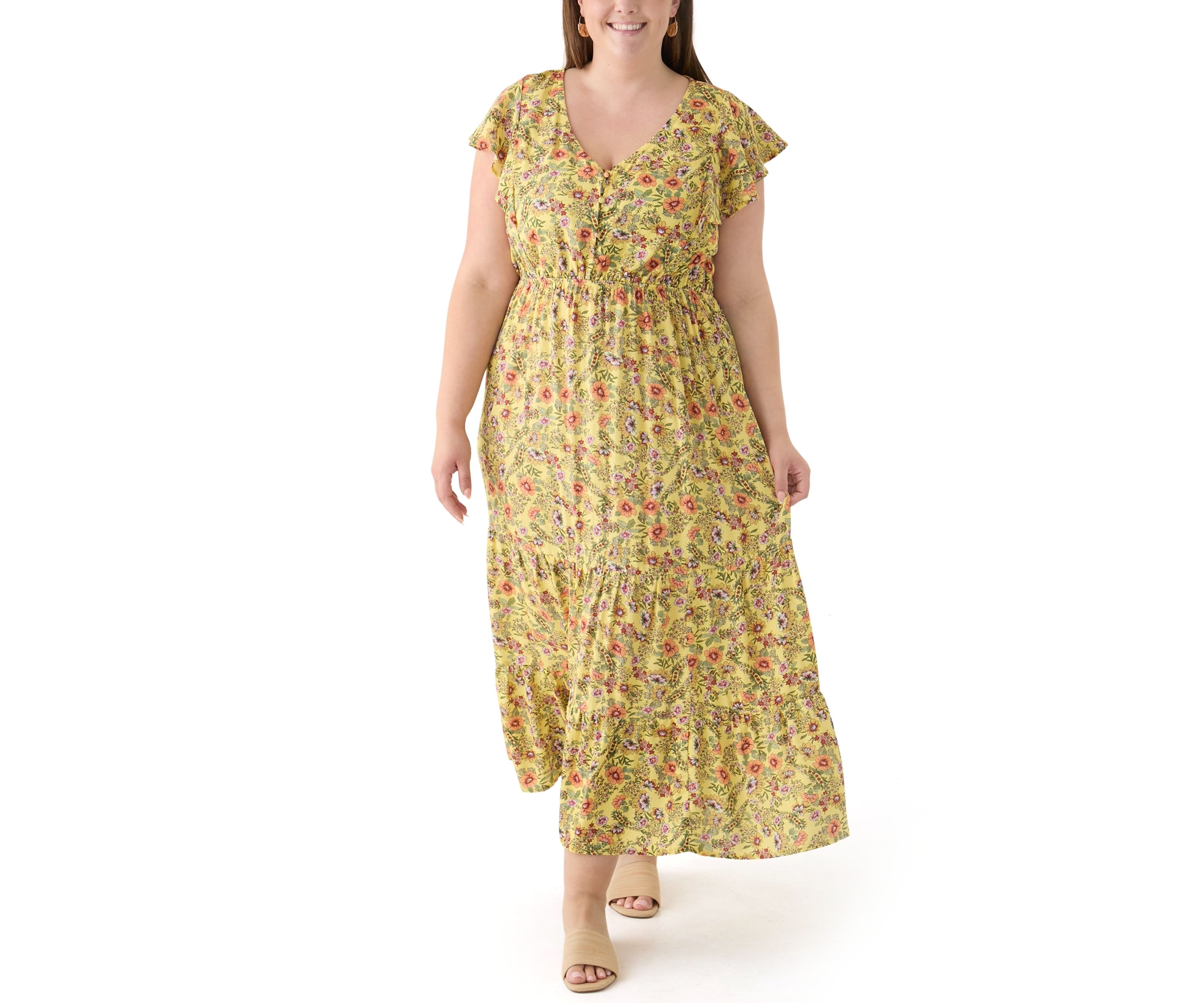 Plus Size Printed Flutter Sleeve Dress