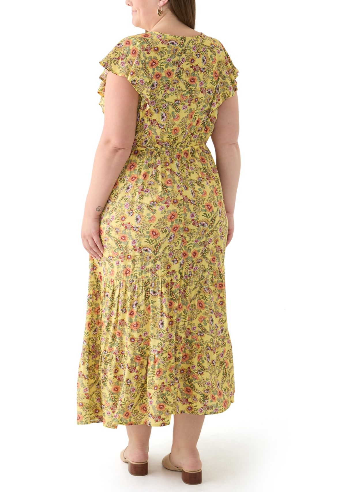 Plus Size Printed Flutter Sleeve Dress