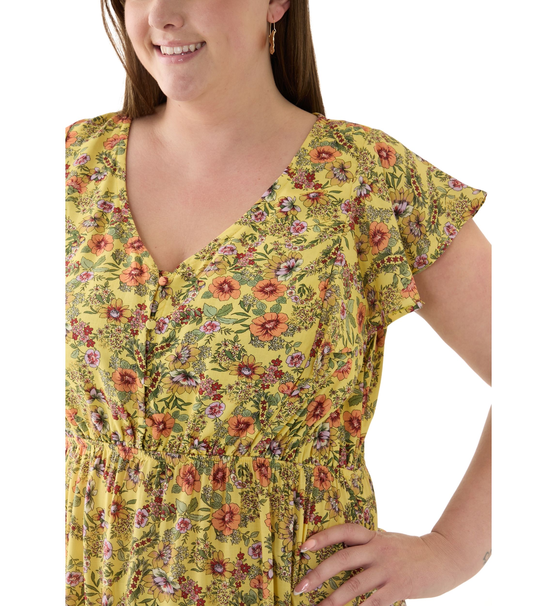 Plus Size Printed Flutter Sleeve Dress