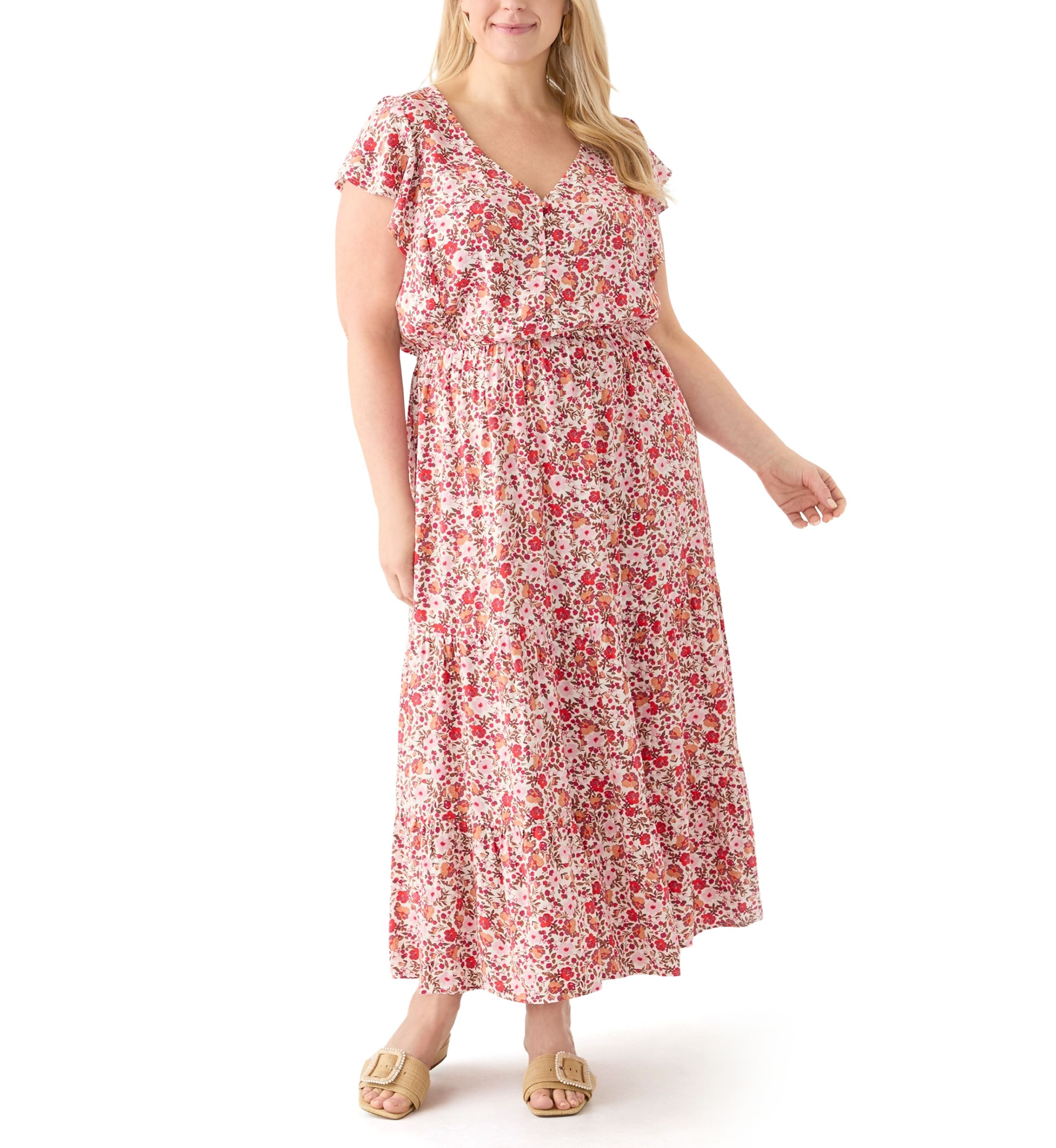 Plus Size Flutter Sleeve Printed Midi Dress