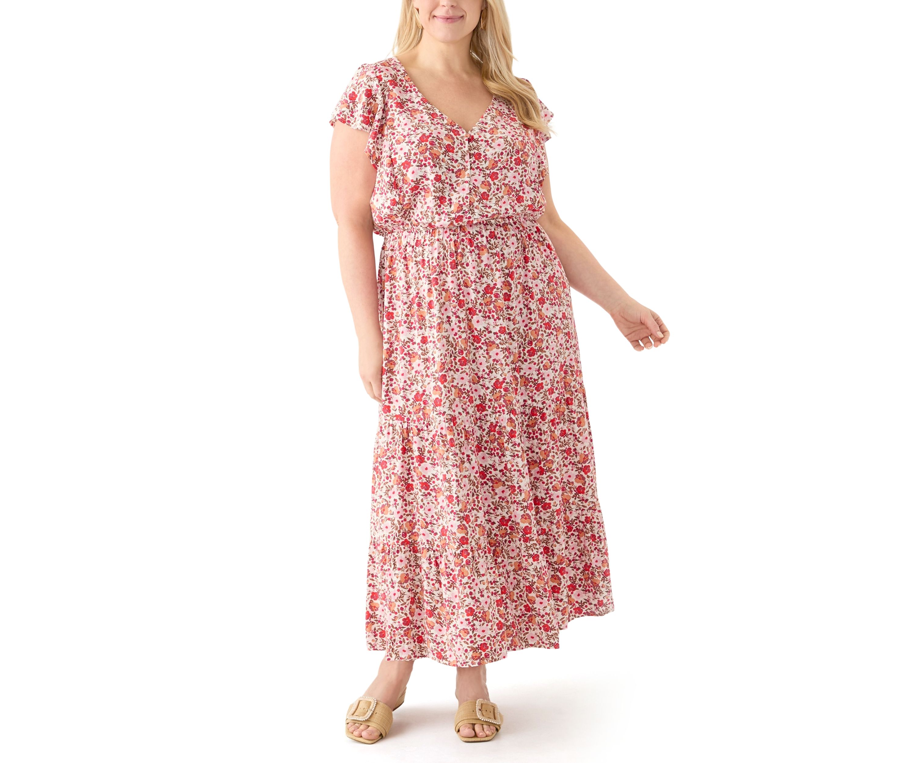 Plus Size Flutter Sleeve Printed Midi Dress