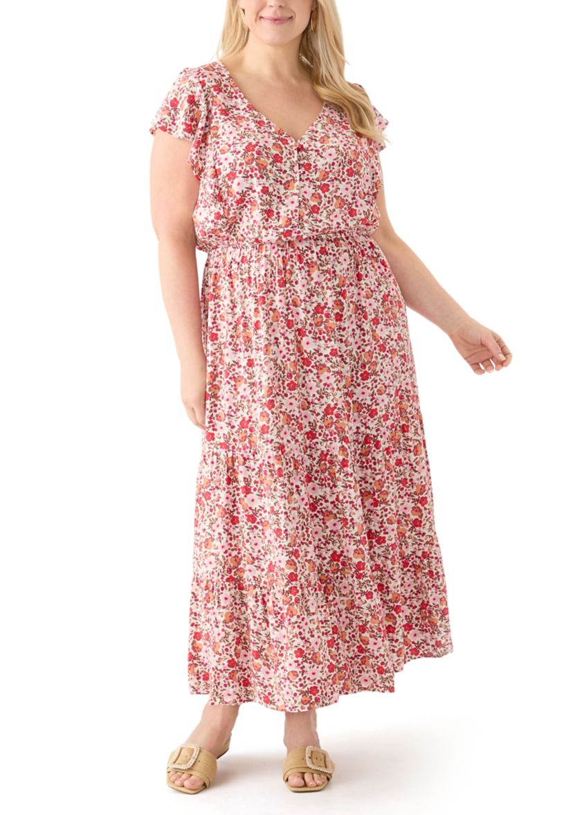 Plus Size Flutter Sleeve Printed Midi Dress