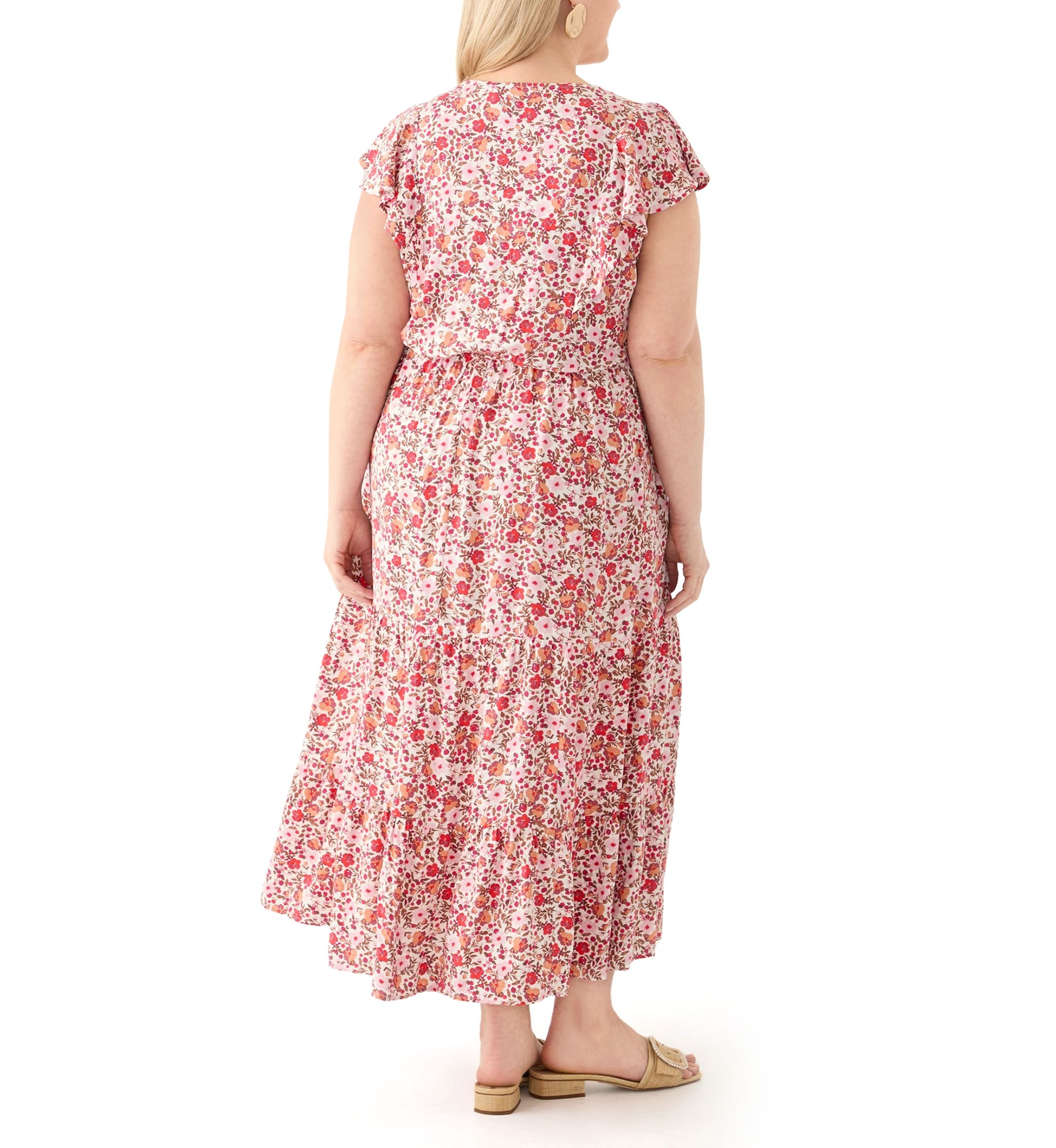 Plus Size Flutter Sleeve Printed Midi Dress