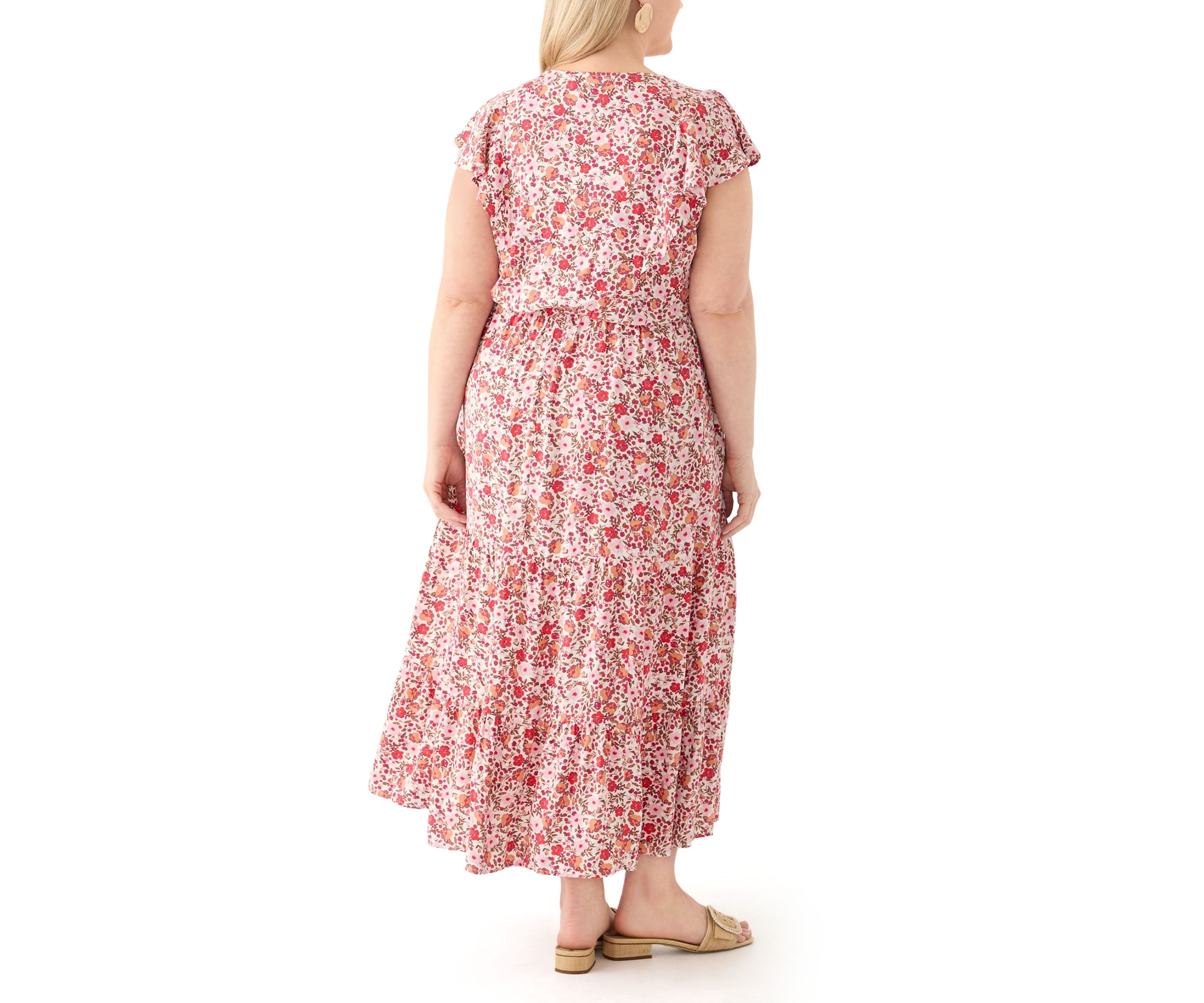 Plus Size Flutter Sleeve Printed Midi Dress
