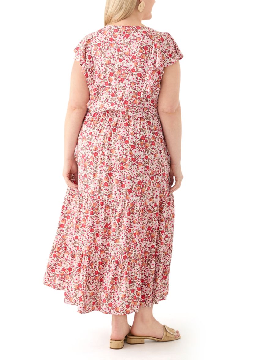 Plus Size Flutter Sleeve Printed Midi Dress
