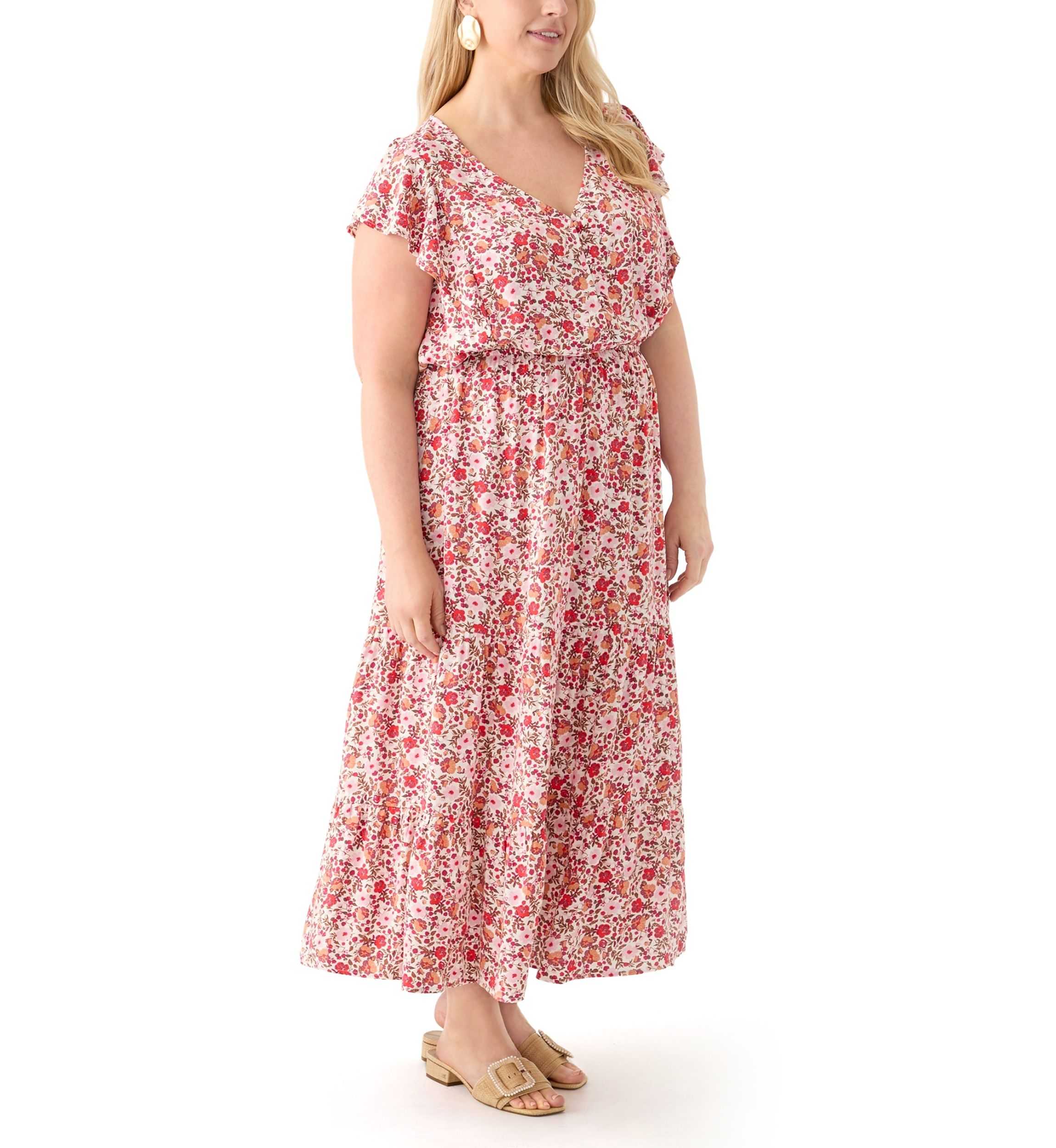 Plus Size Flutter Sleeve Printed Midi Dress