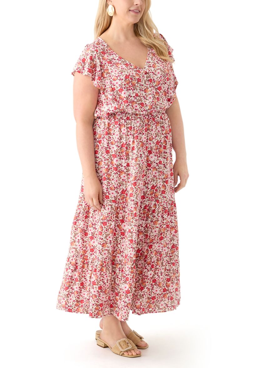 Plus Size Flutter Sleeve Printed Midi Dress