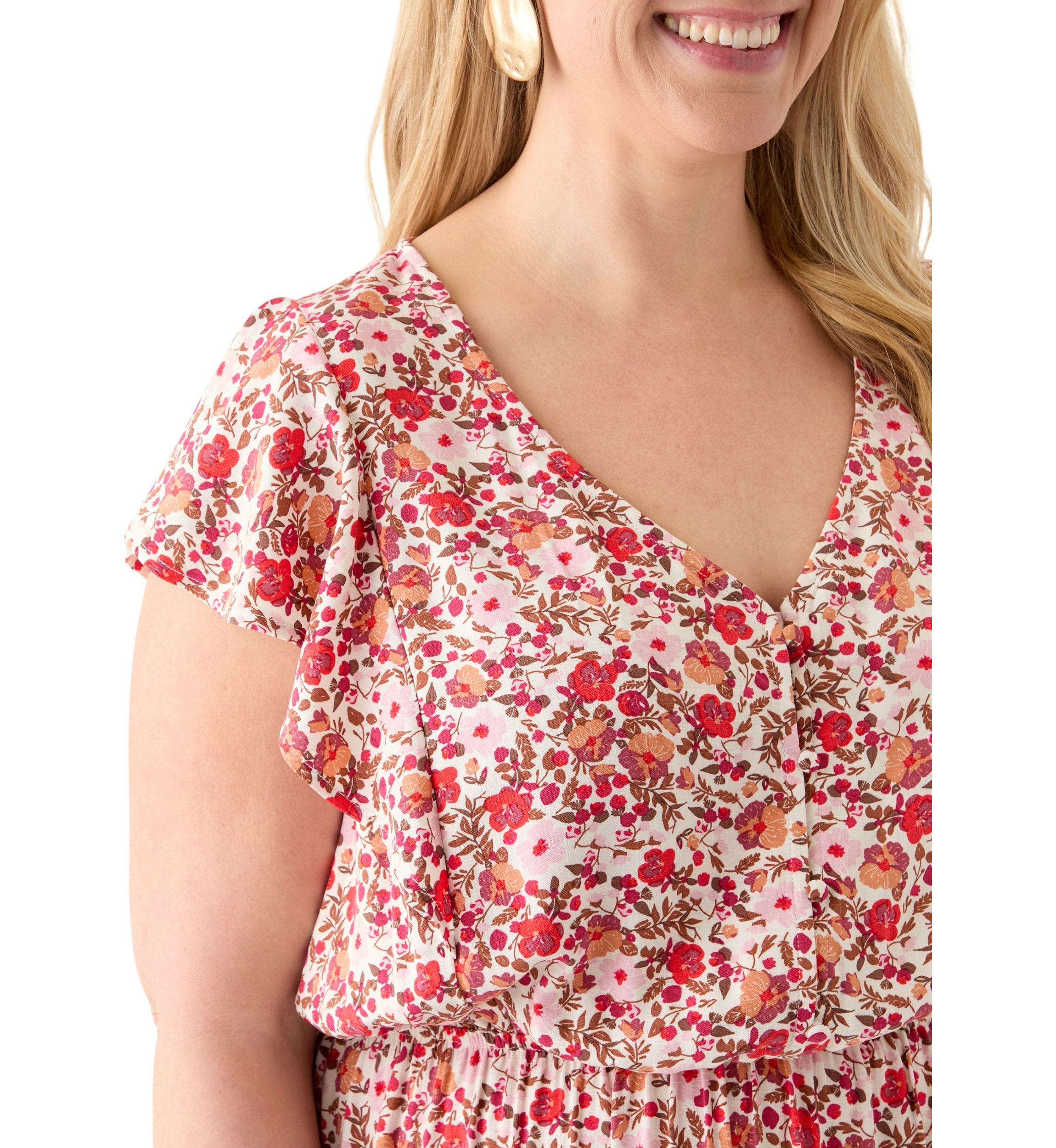 Plus Size Flutter Sleeve Printed Midi Dress