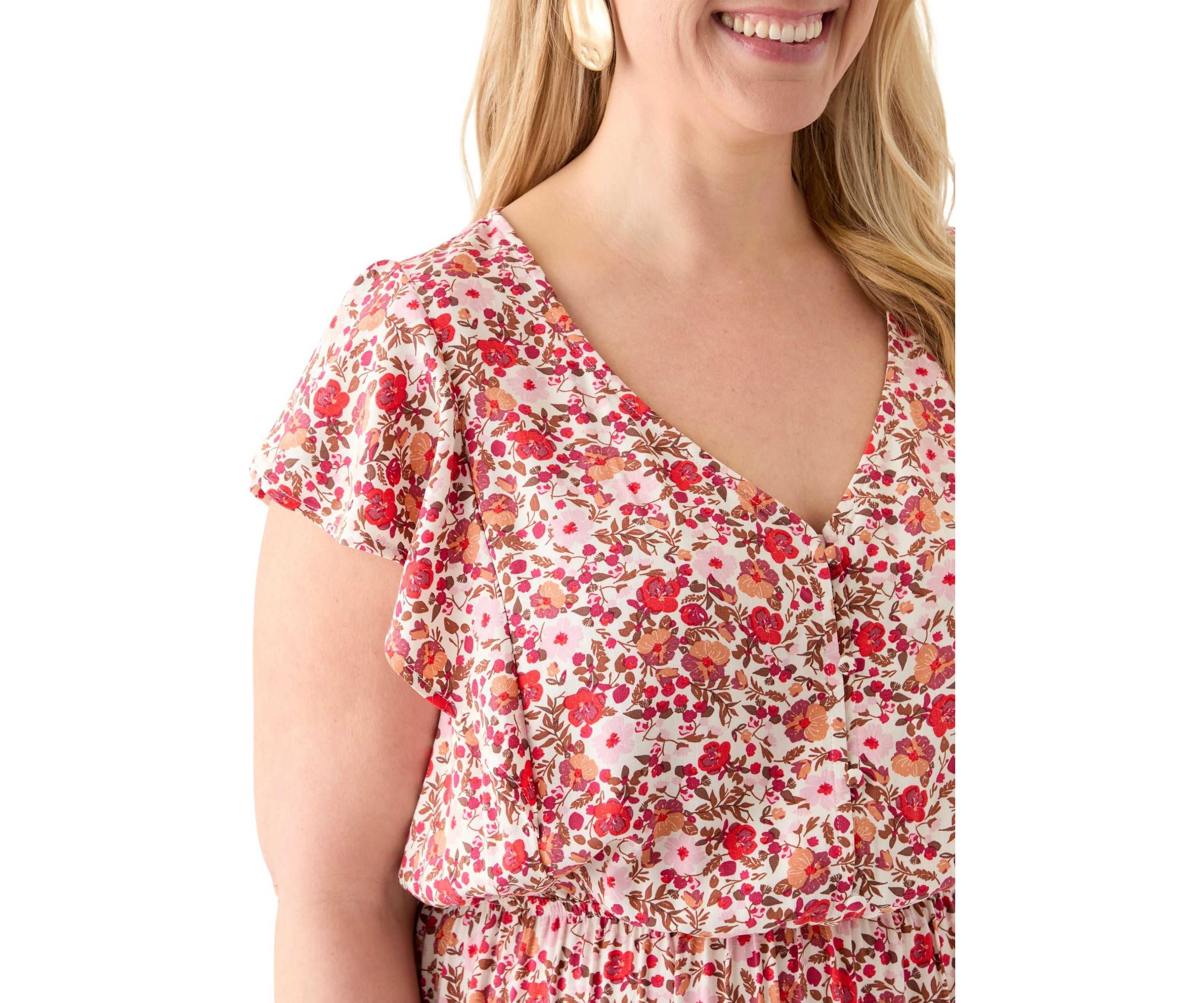 Plus Size Flutter Sleeve Printed Midi Dress
