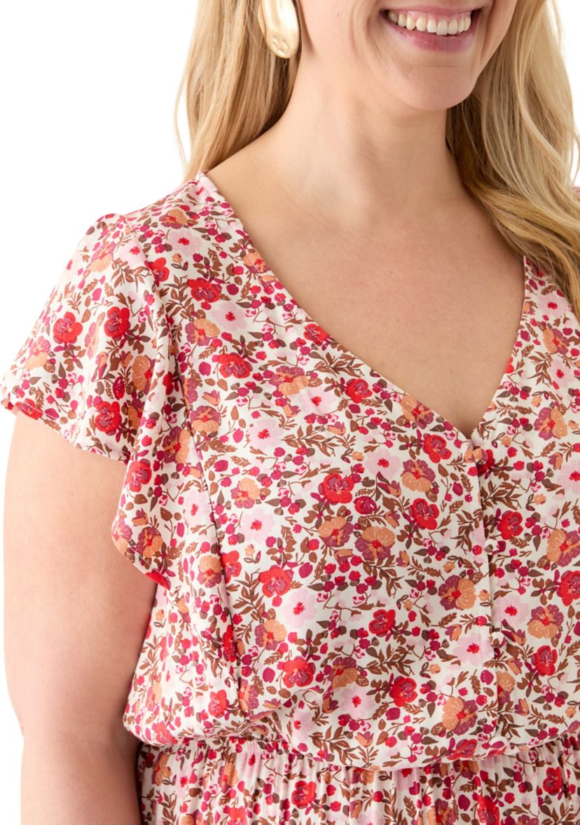 Plus Size Flutter Sleeve Printed Midi Dress