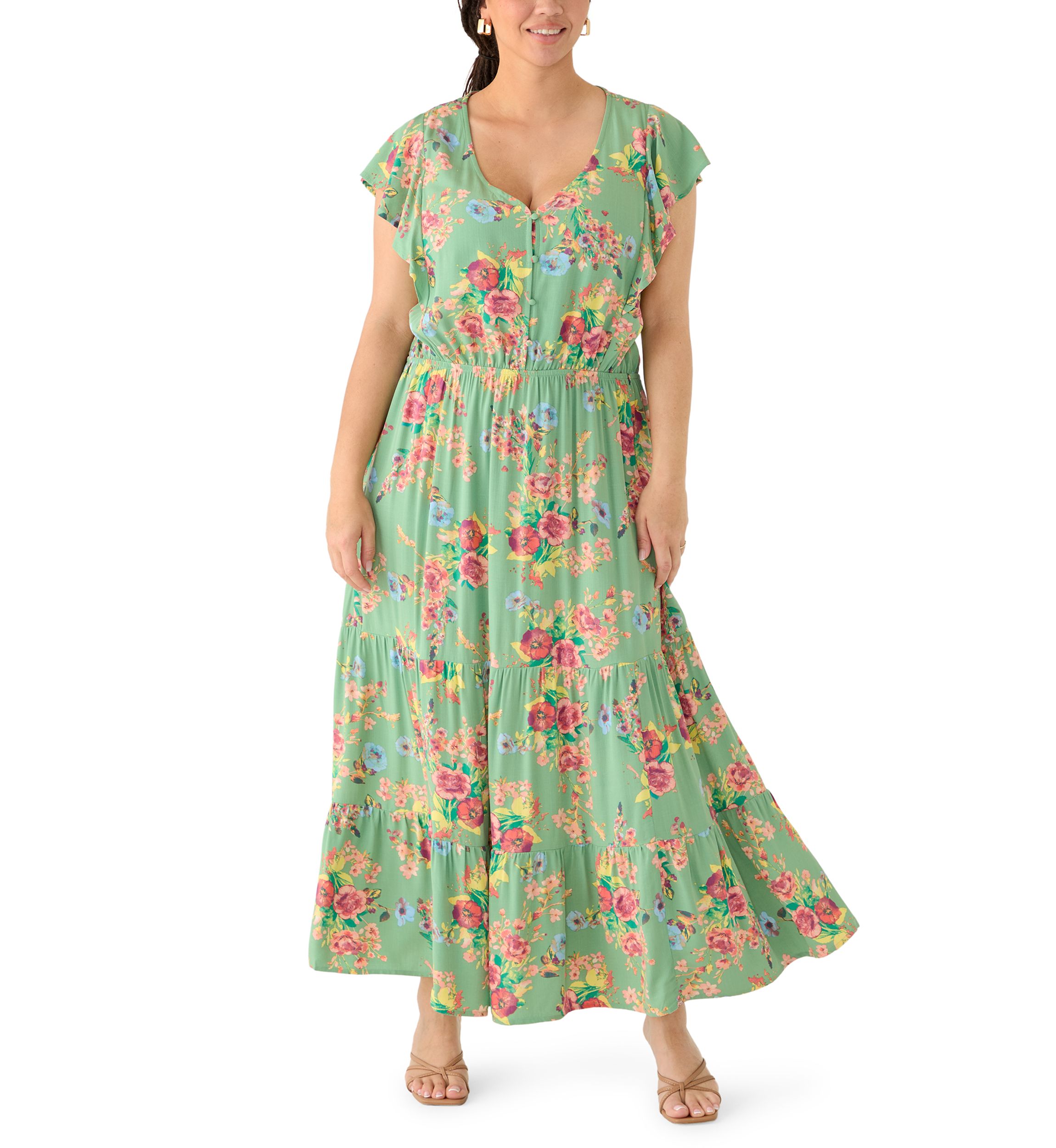 belk maxi dresses plus size Crown & Ivy Plus Size Double Flutter Sleeve Belted Maxi Dress