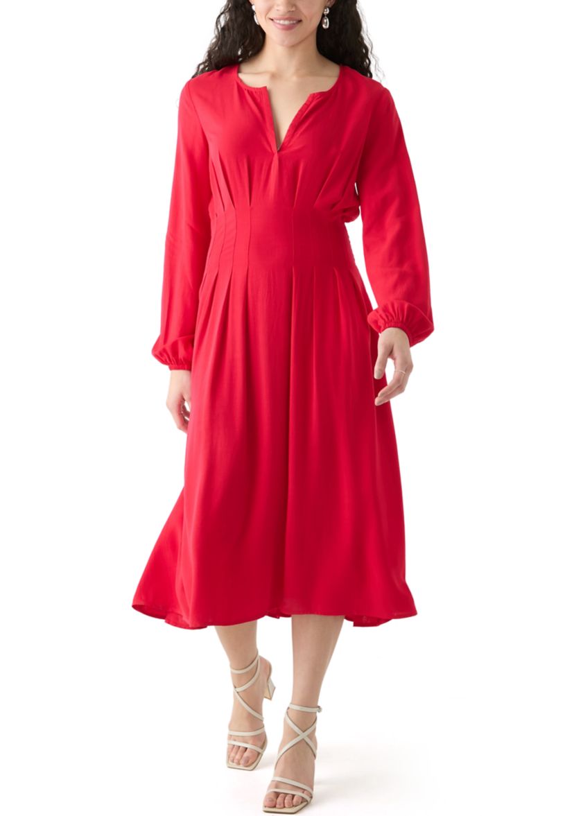 Womens Woven Button Front Midi Dress