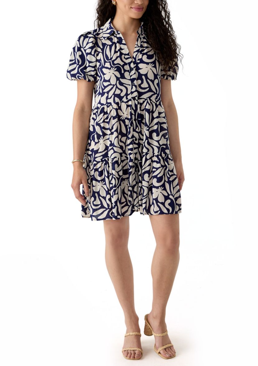 Womens Mini Tiered Printed Shirtdress
