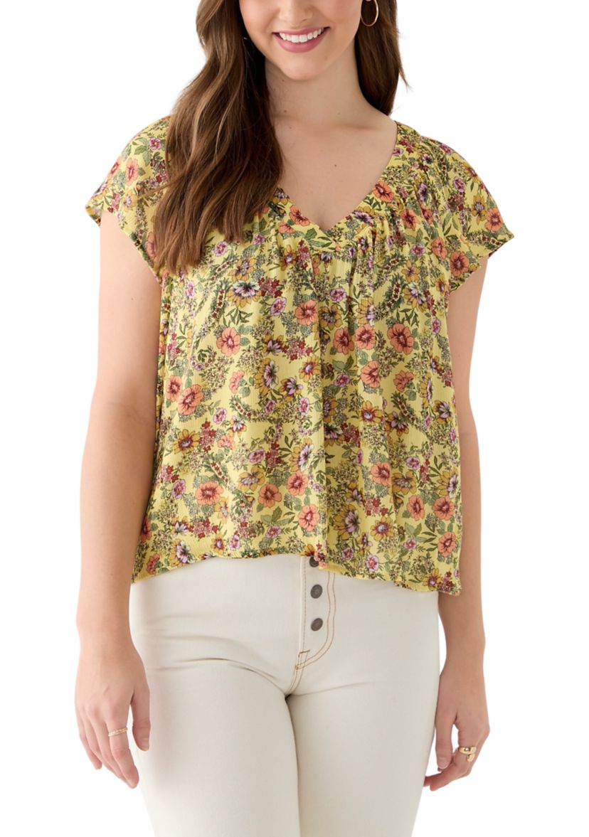 Womens Printed Flutter Sleeve Blouse