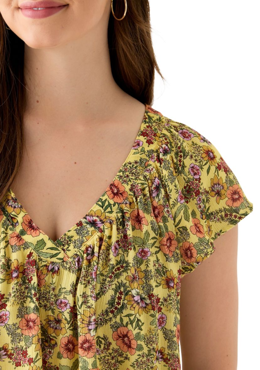 Womens Printed Flutter Sleeve Blouse