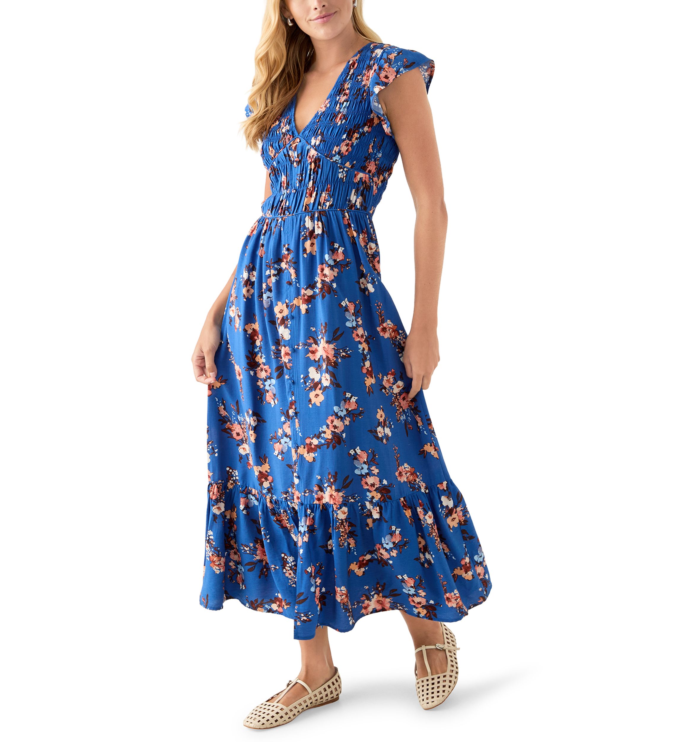 Womens Flutter Sleeve Button Down Long Dress