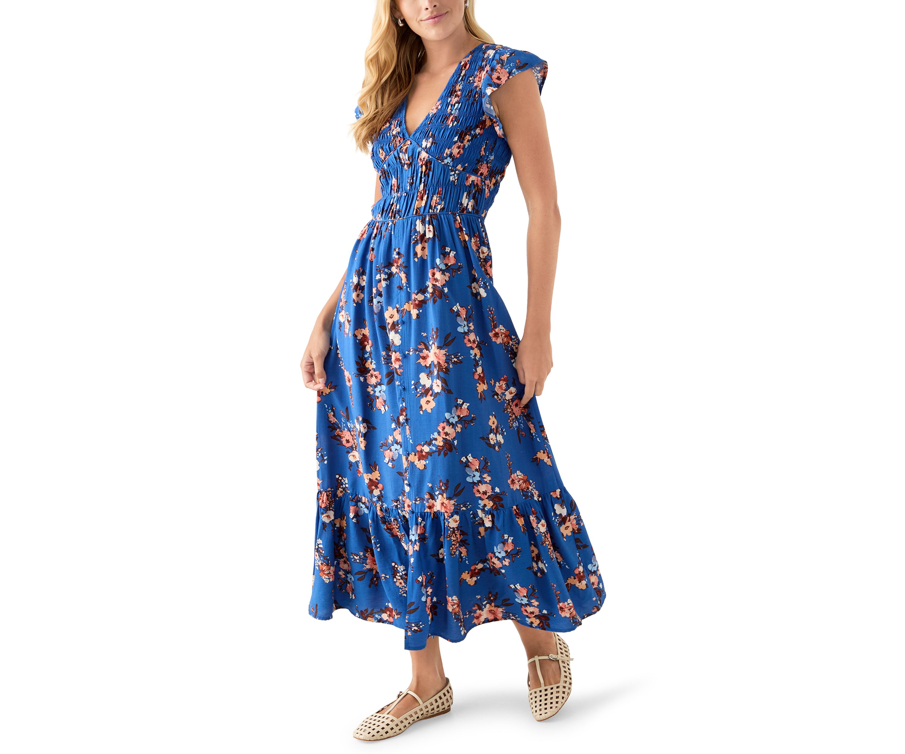 Womens Flutter Sleeve Button Down Long Dress