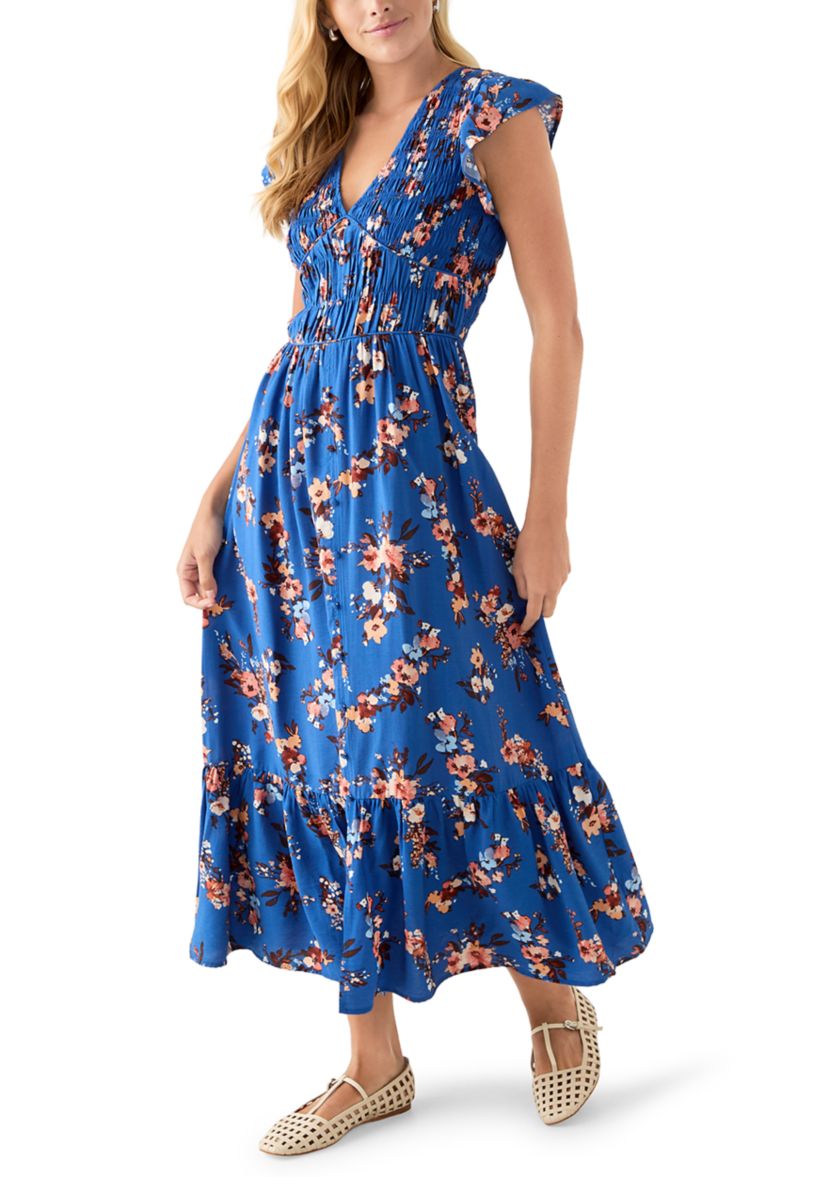 Womens Flutter Sleeve Button Down Long Dress