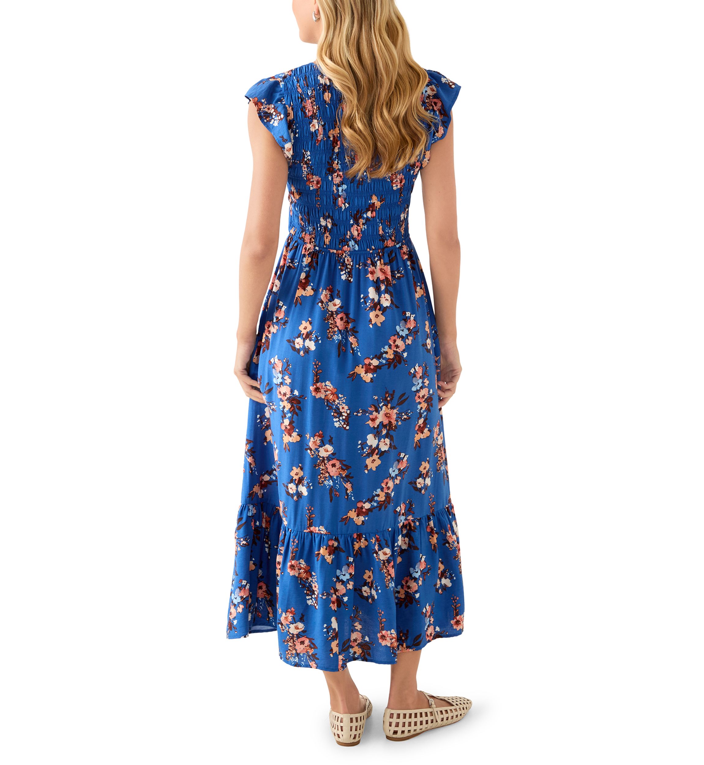 Womens Flutter Sleeve Button Down Long Dress