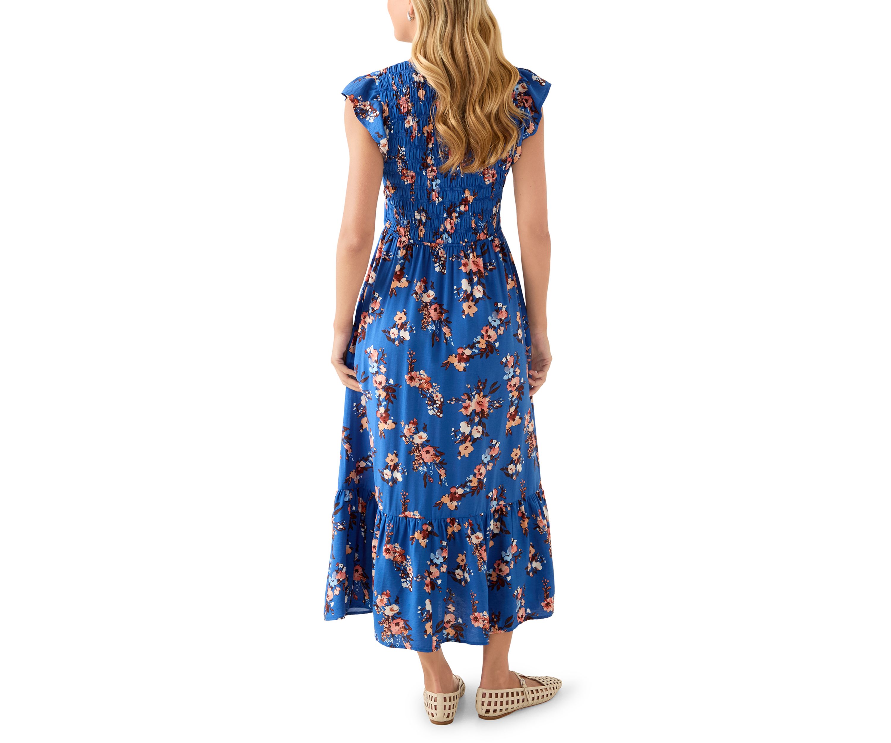 Womens Flutter Sleeve Button Down Long Dress