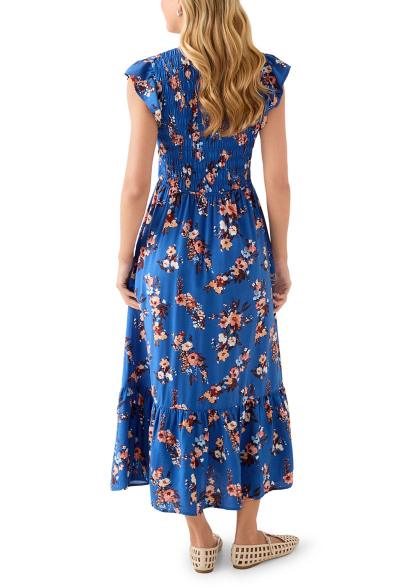 Womens Flutter Sleeve Button Down Long Dress