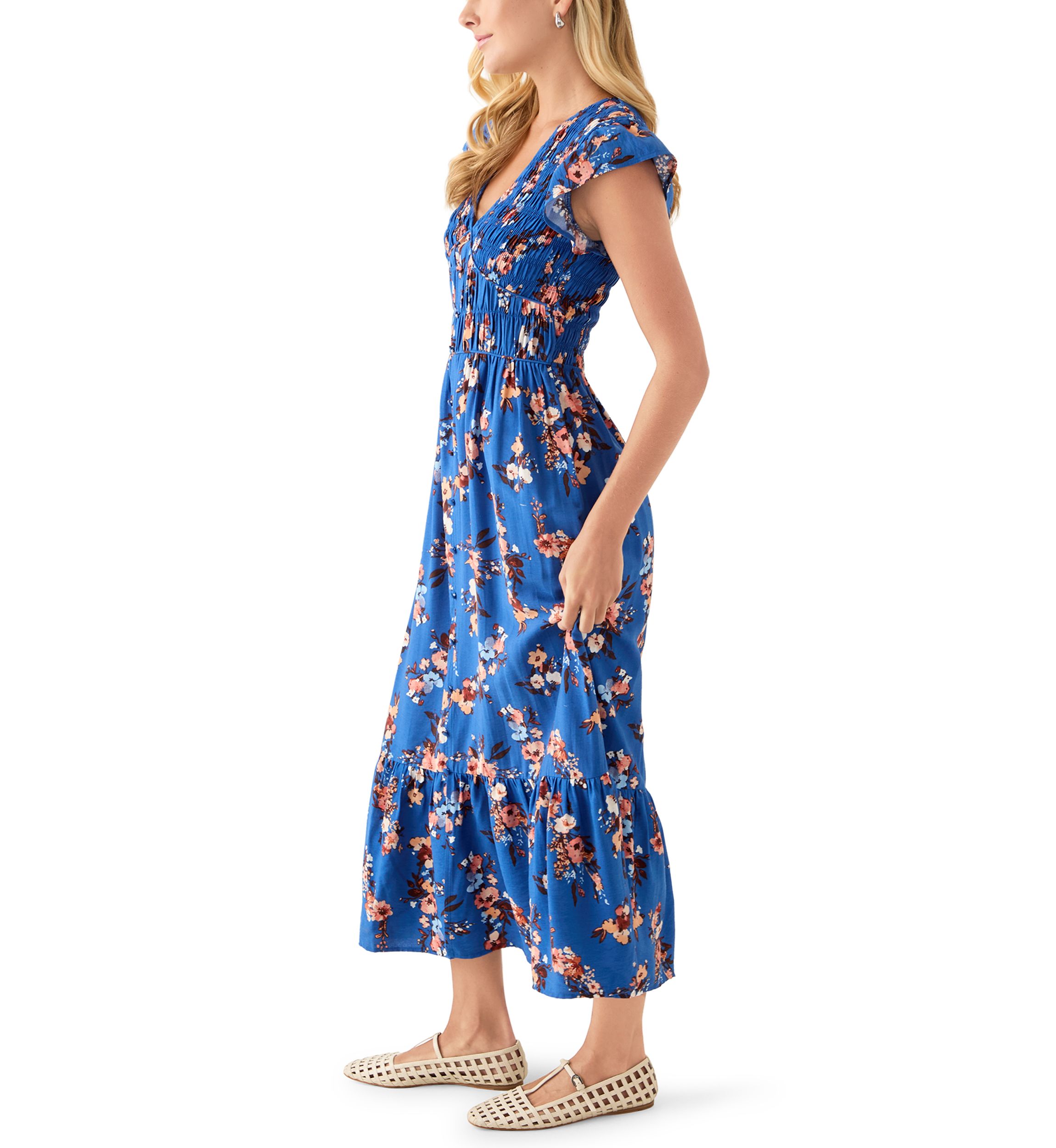 Womens Flutter Sleeve Button Down Long Dress
