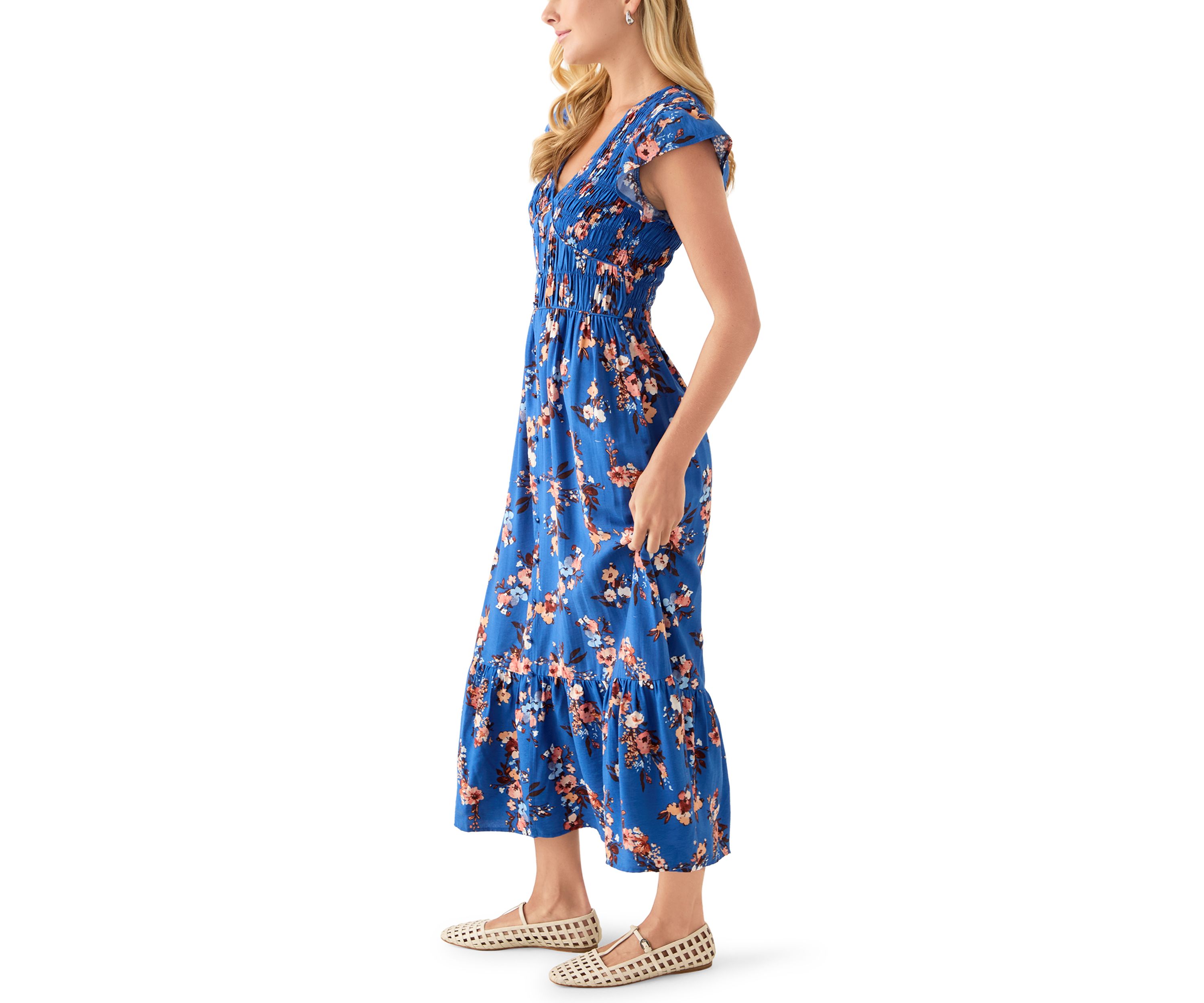 Womens Flutter Sleeve Button Down Long Dress