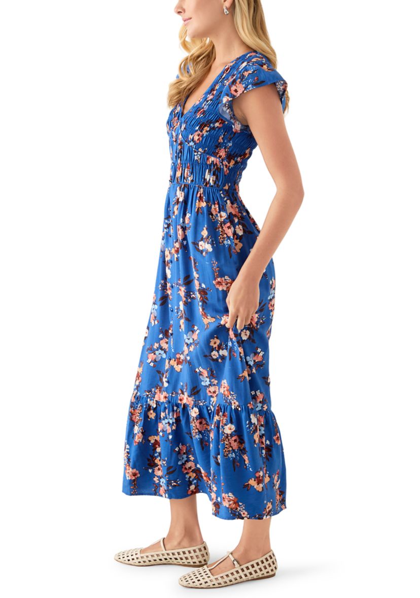 Womens Flutter Sleeve Button Down Long Dress