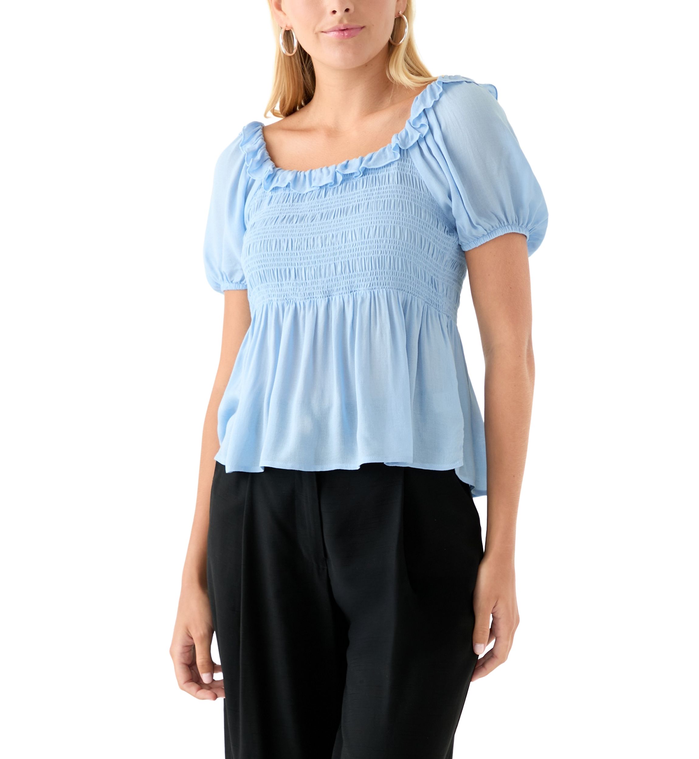 Womens Smocked Puff Sleeve Babydoll Top