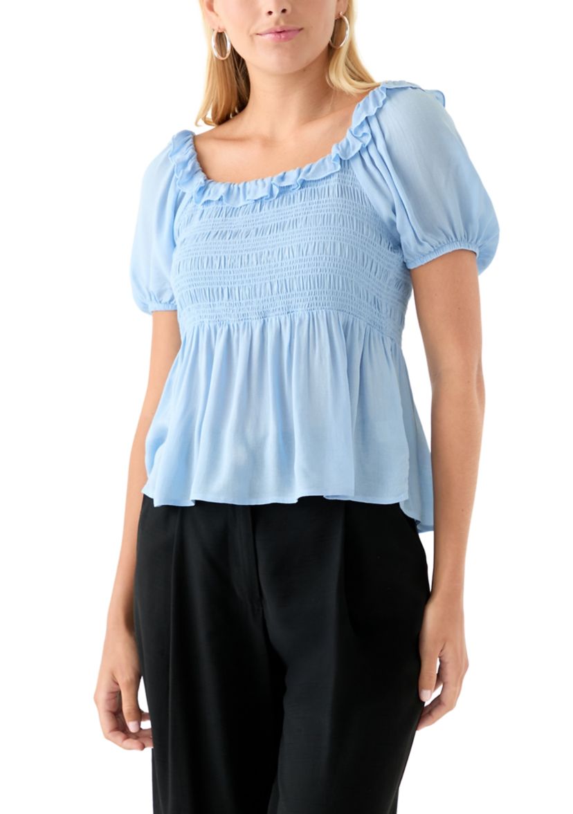 Womens Smocked Puff Sleeve Babydoll Top