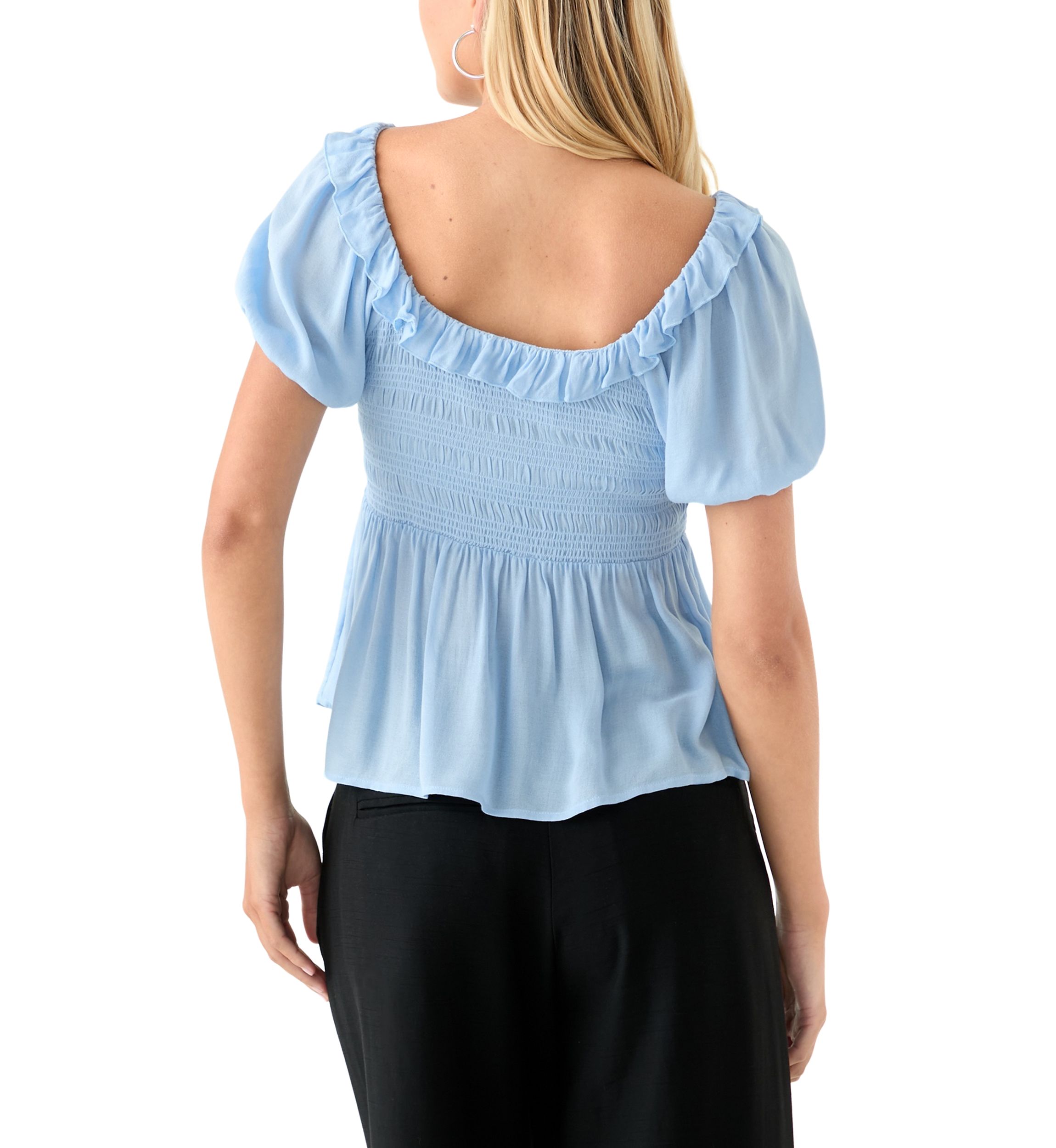 Womens Smocked Puff Sleeve Babydoll Top