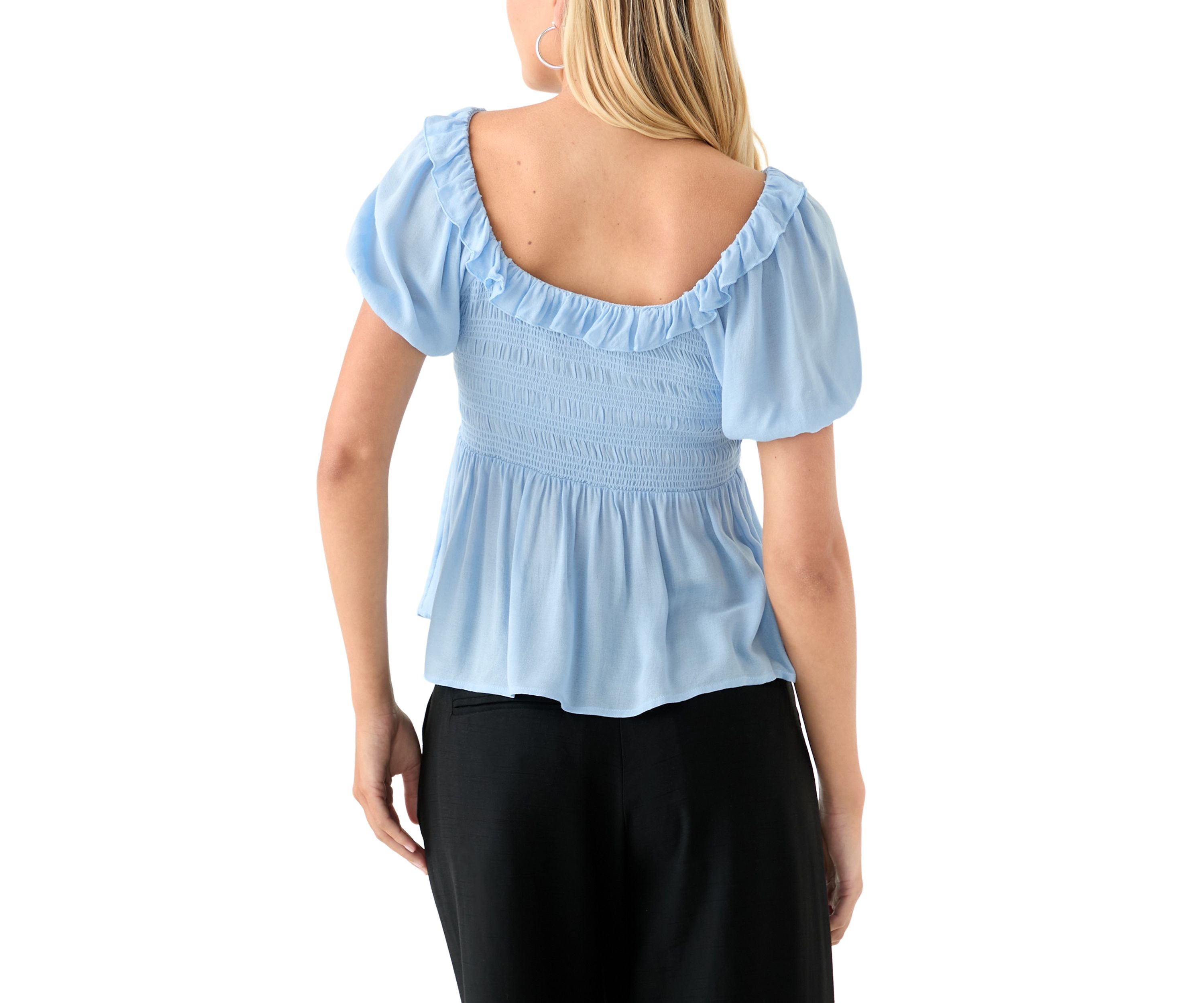 Womens Smocked Puff Sleeve Babydoll Top