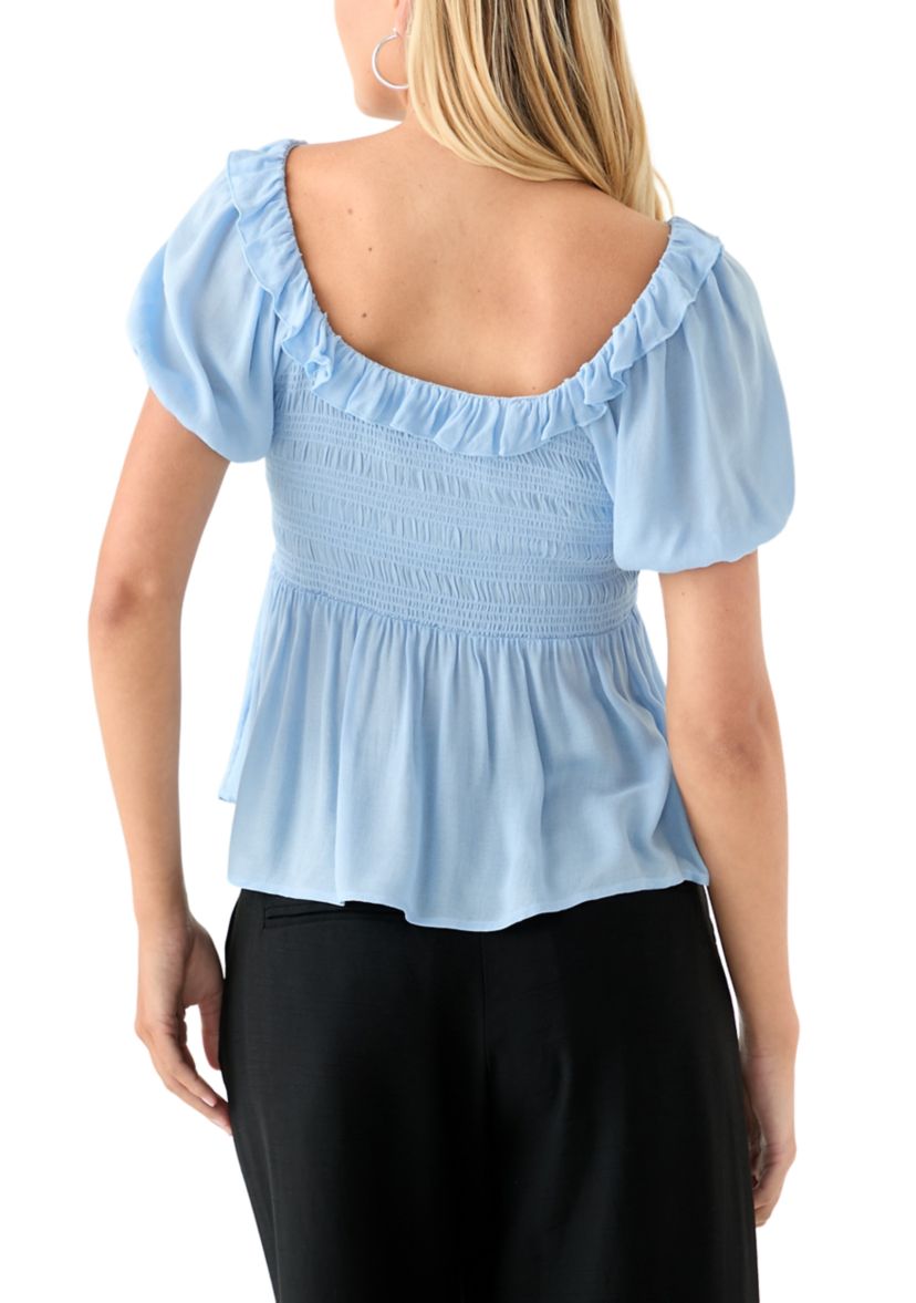 Womens Smocked Puff Sleeve Babydoll Top