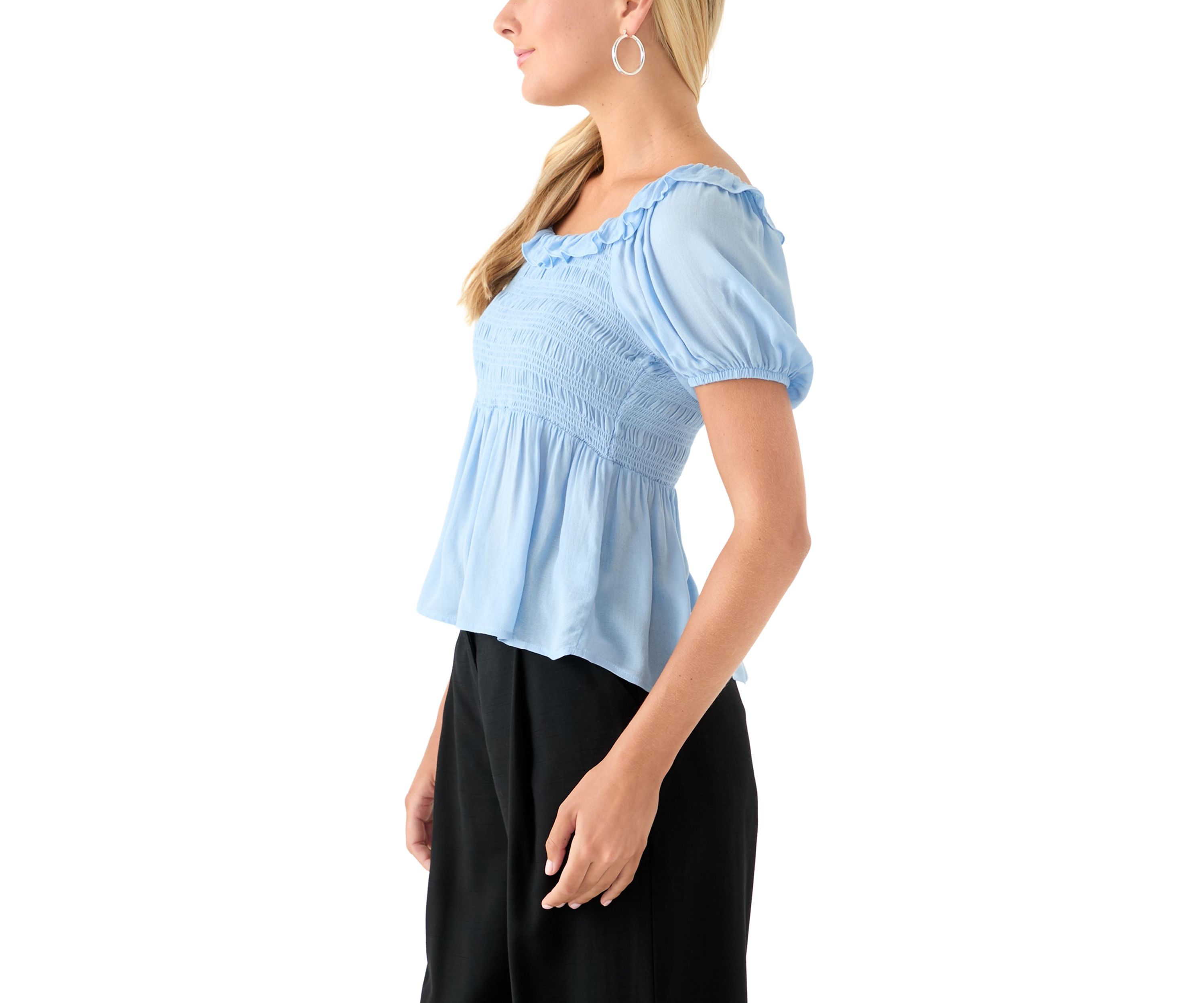 Womens Smocked Puff Sleeve Babydoll Top