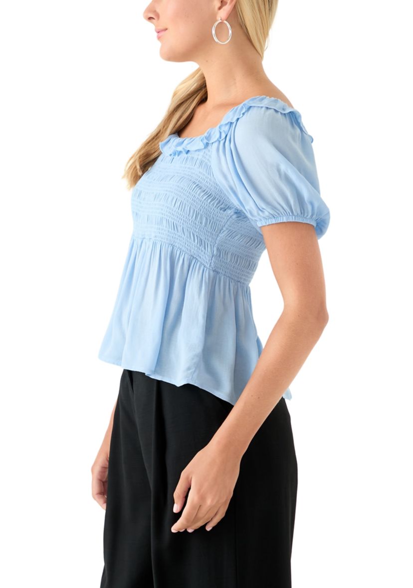 Womens Smocked Puff Sleeve Babydoll Top