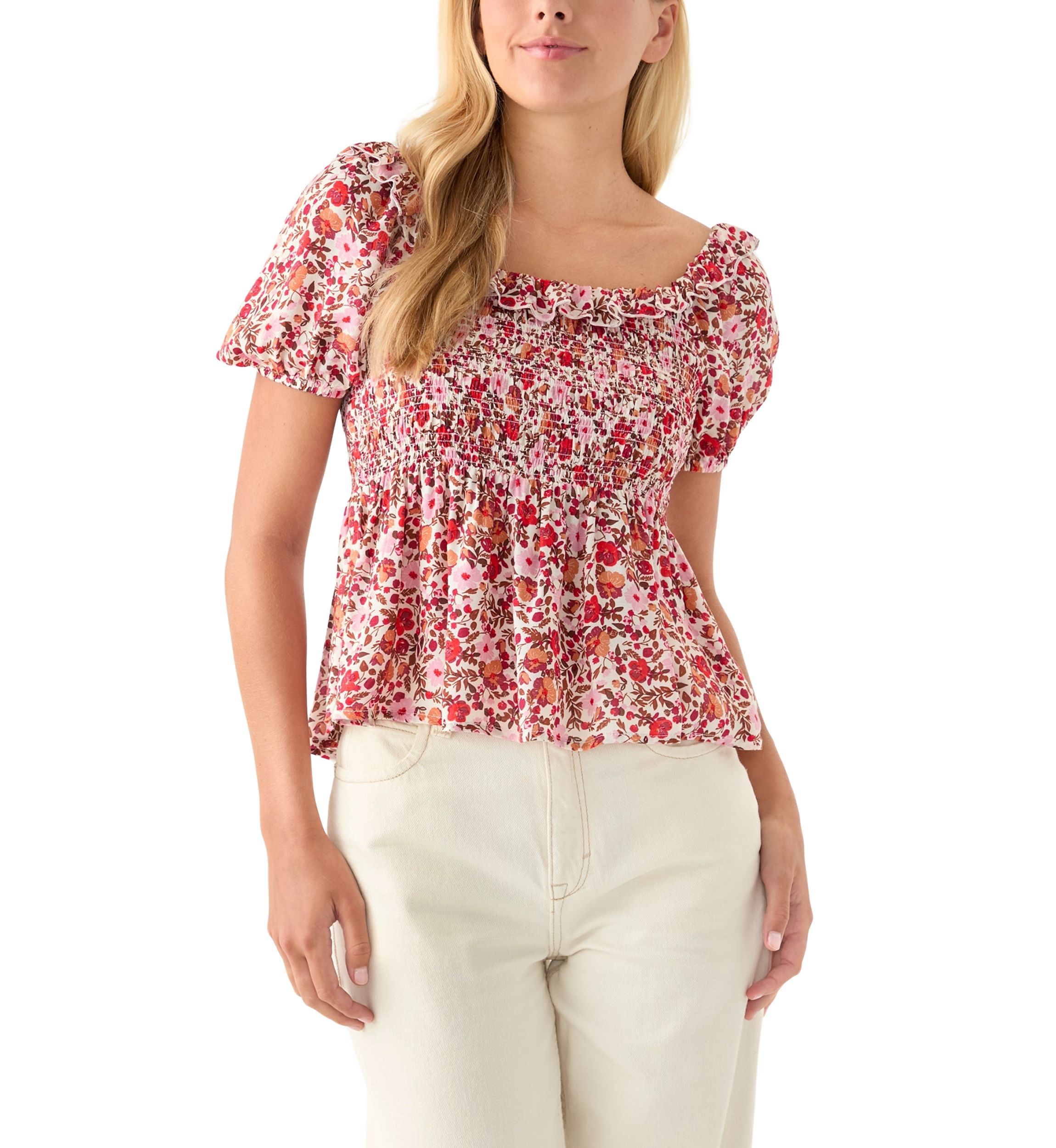 Womens Printed Puff Sleeve Babydoll Top