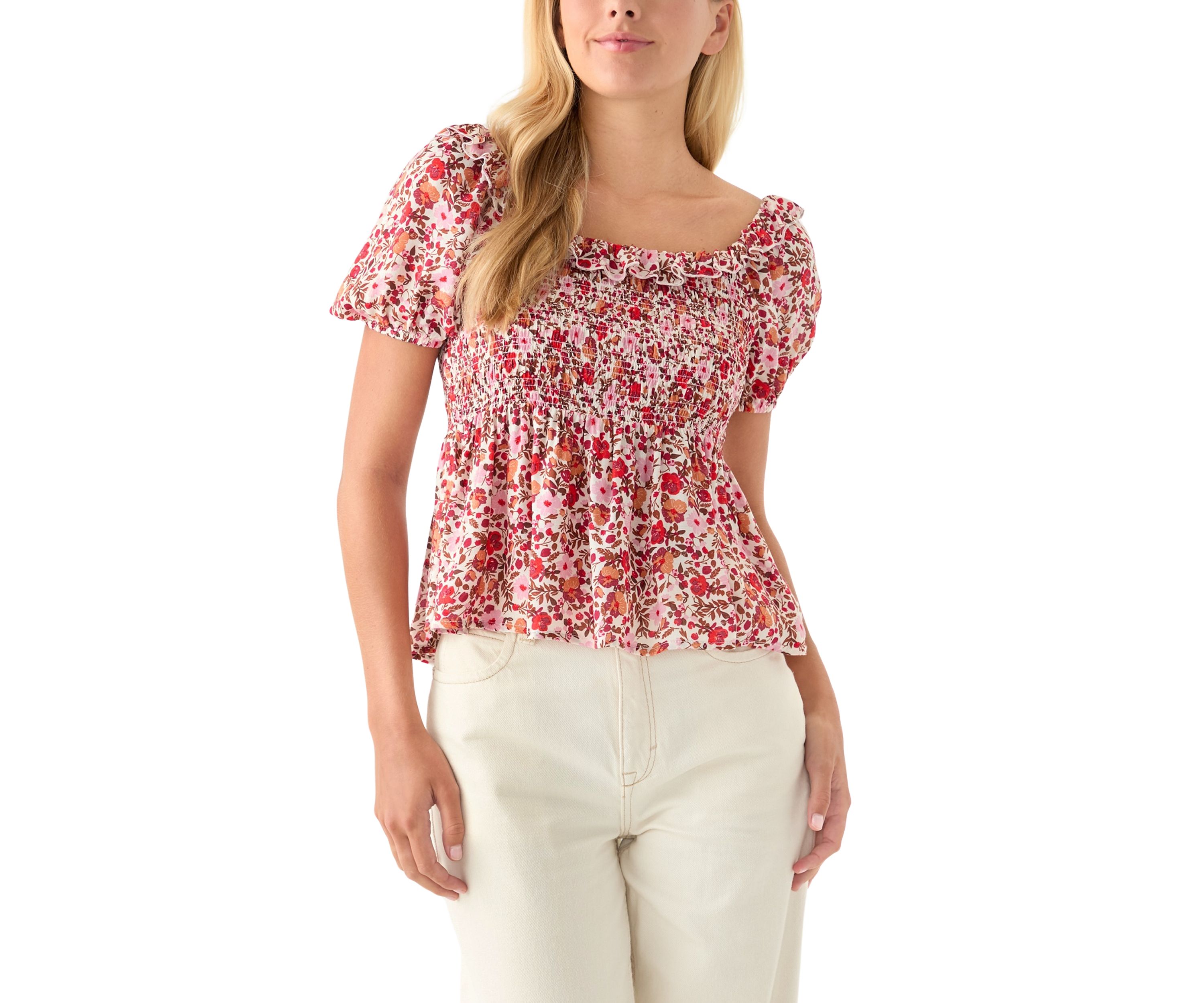 Womens Printed Puff Sleeve Babydoll Top