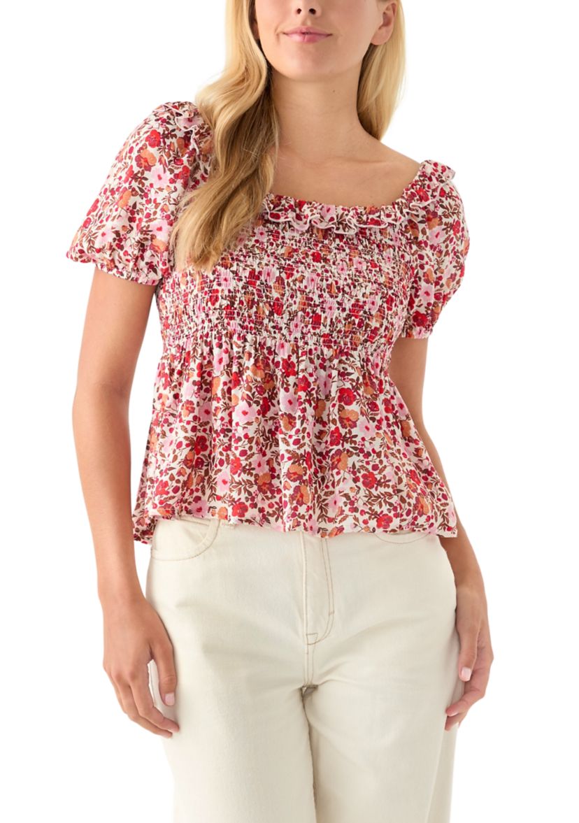Womens Printed Puff Sleeve Babydoll Top