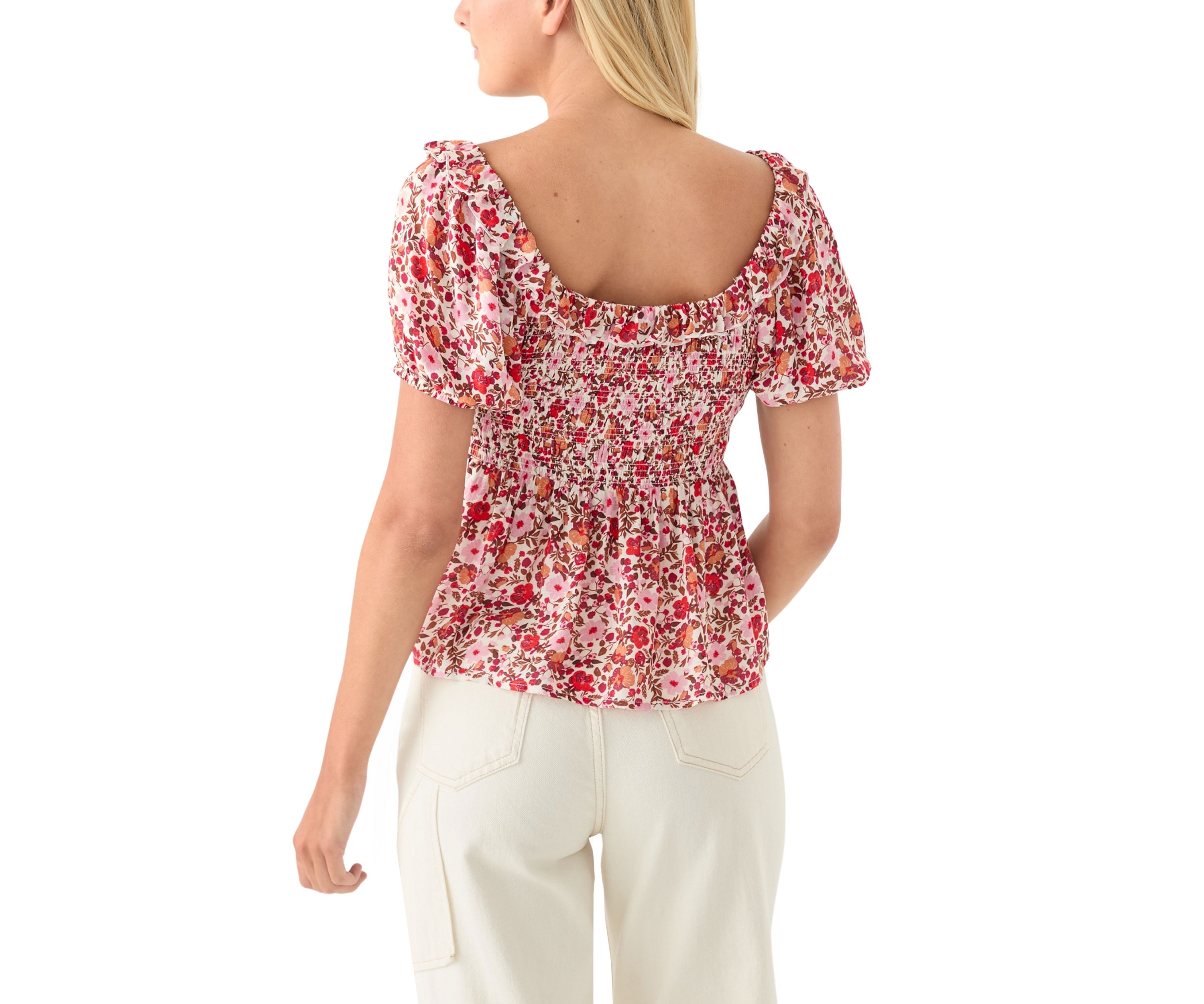 Womens Printed Puff Sleeve Babydoll Top