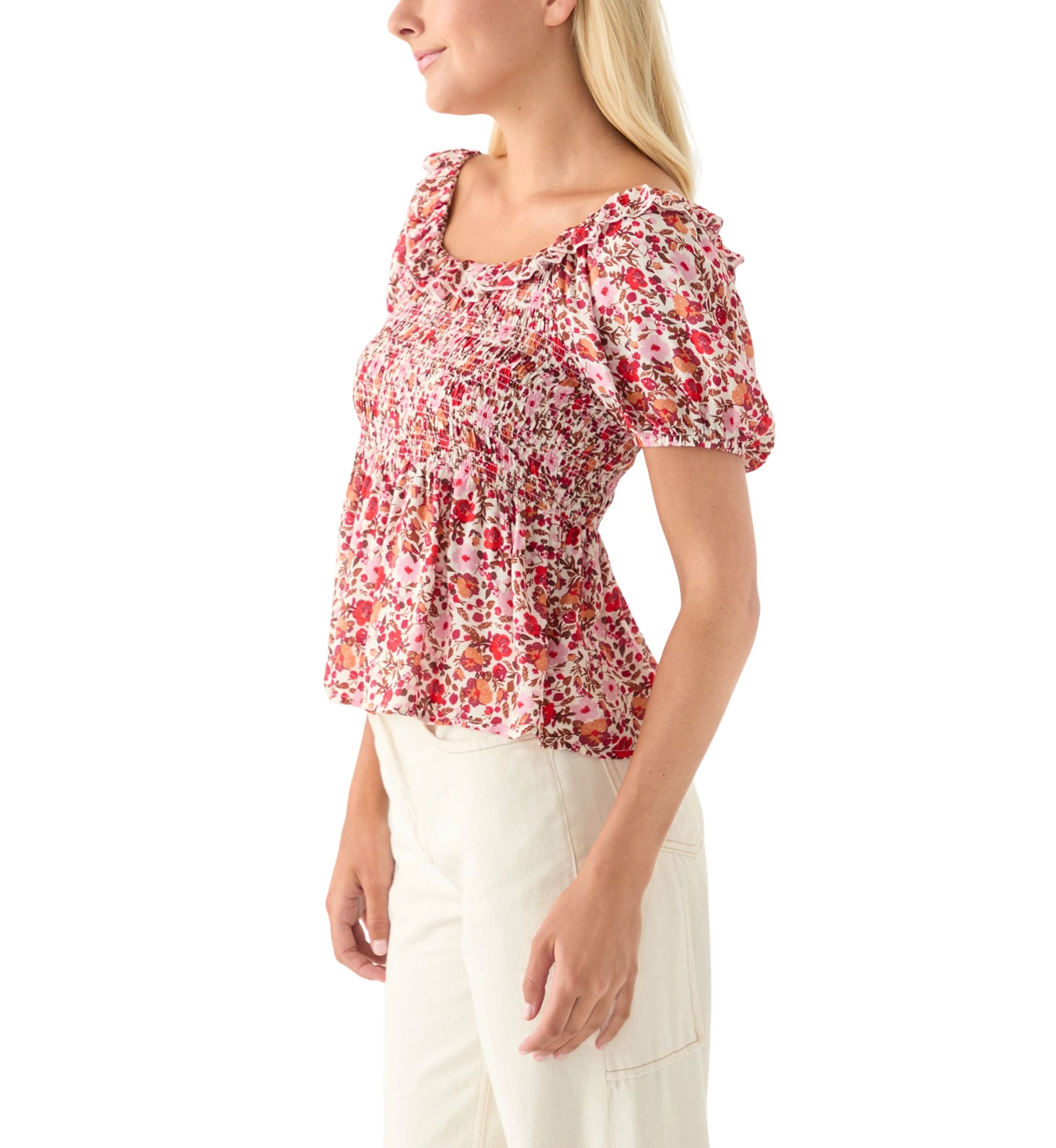 Womens Printed Puff Sleeve Babydoll Top