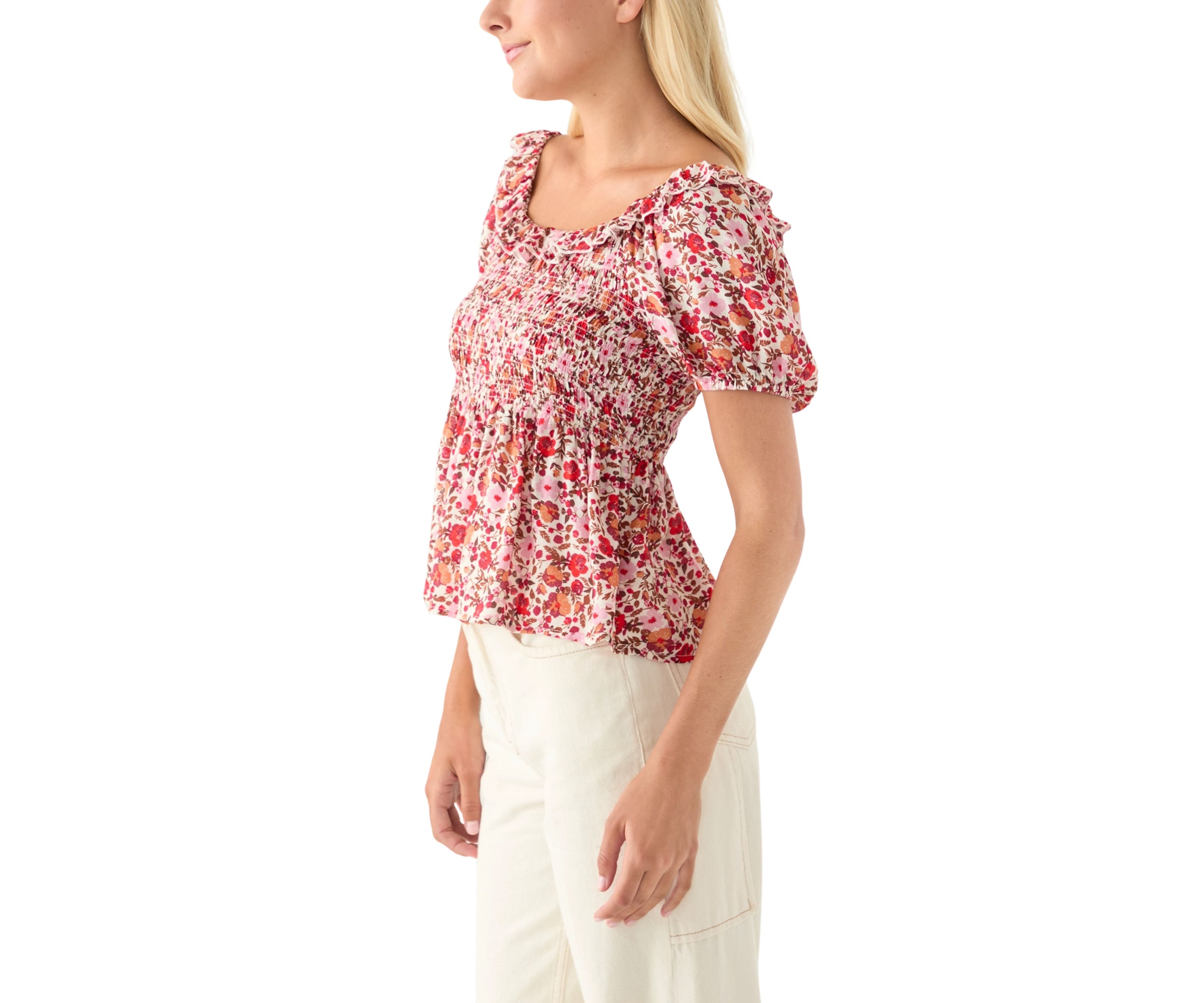 Womens Printed Puff Sleeve Babydoll Top