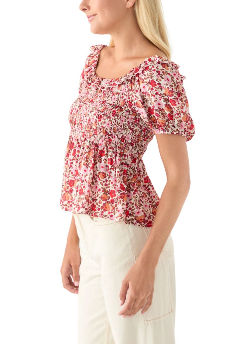 Womens Printed Puff Sleeve Babydoll Top