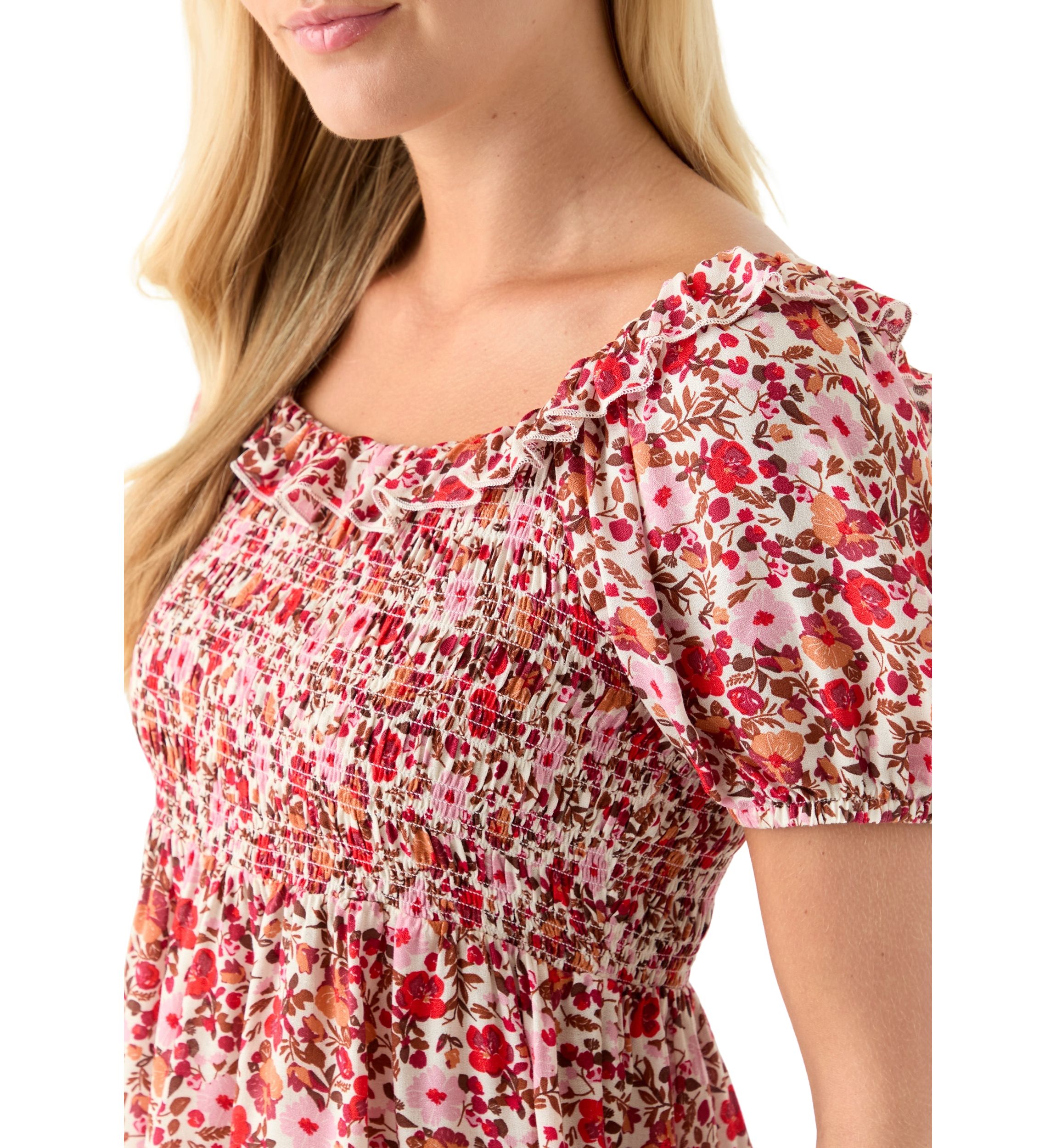 Womens Printed Puff Sleeve Babydoll Top