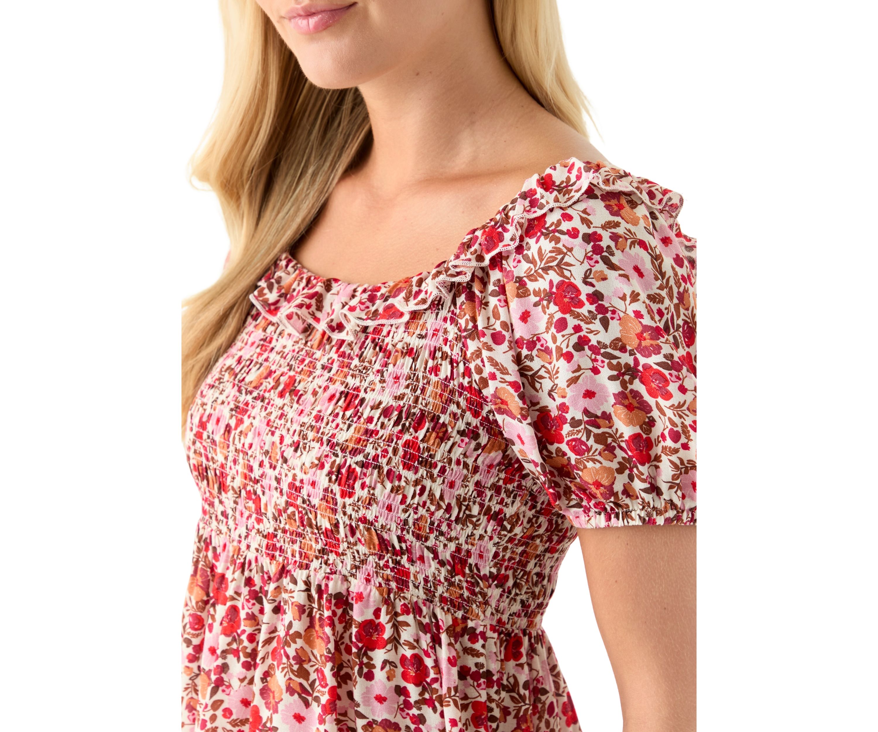 Womens Printed Puff Sleeve Babydoll Top