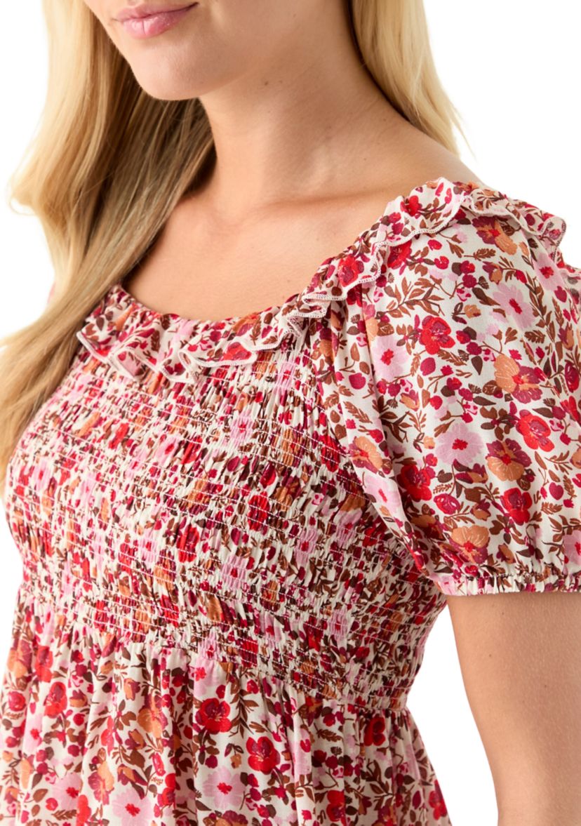 Womens Printed Puff Sleeve Babydoll Top