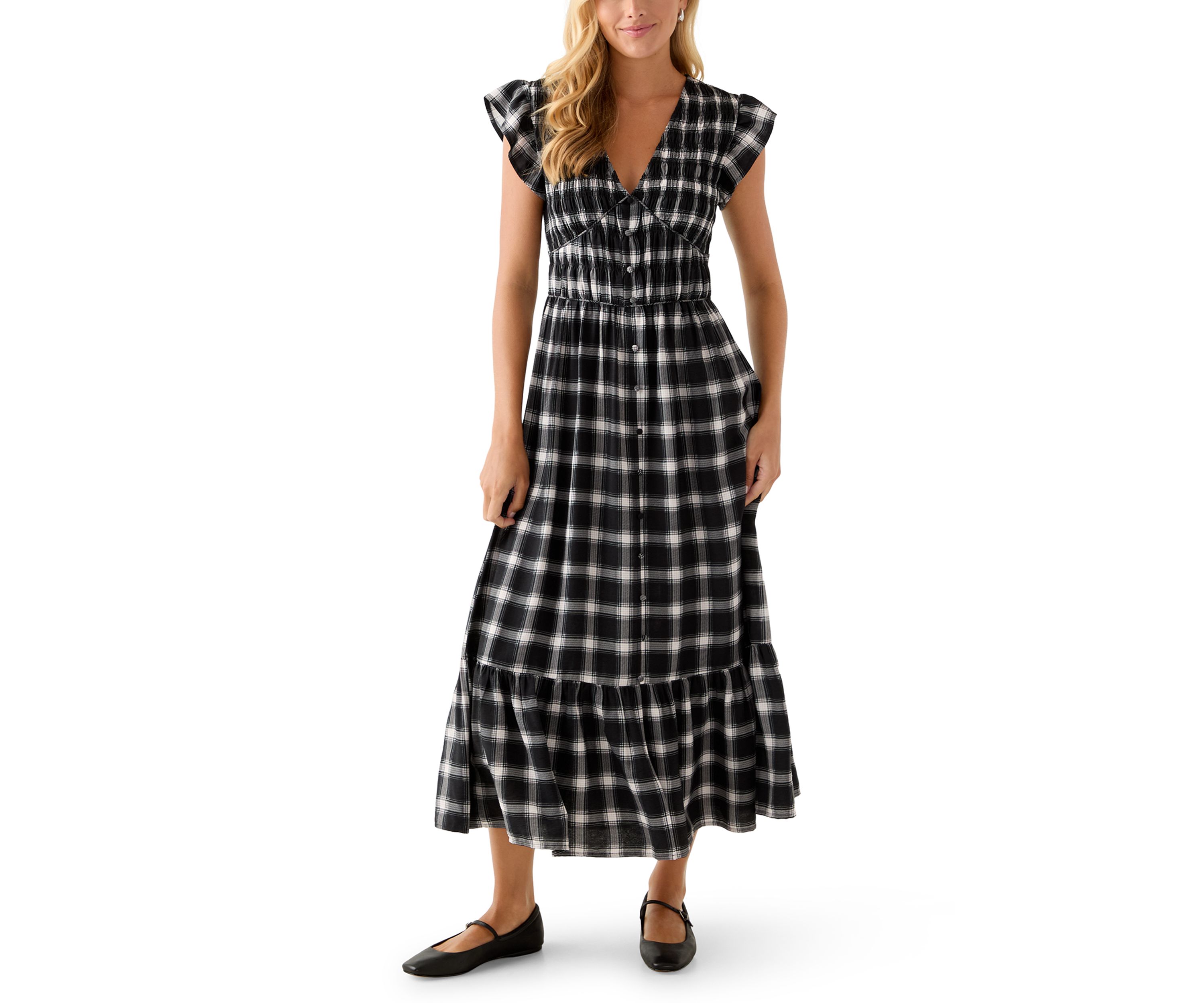Womens Flutter Sleeve Button Down Maxi Dress