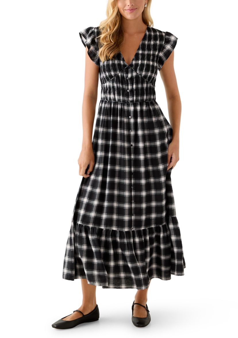 Womens Flutter Sleeve Button Down Maxi Dress