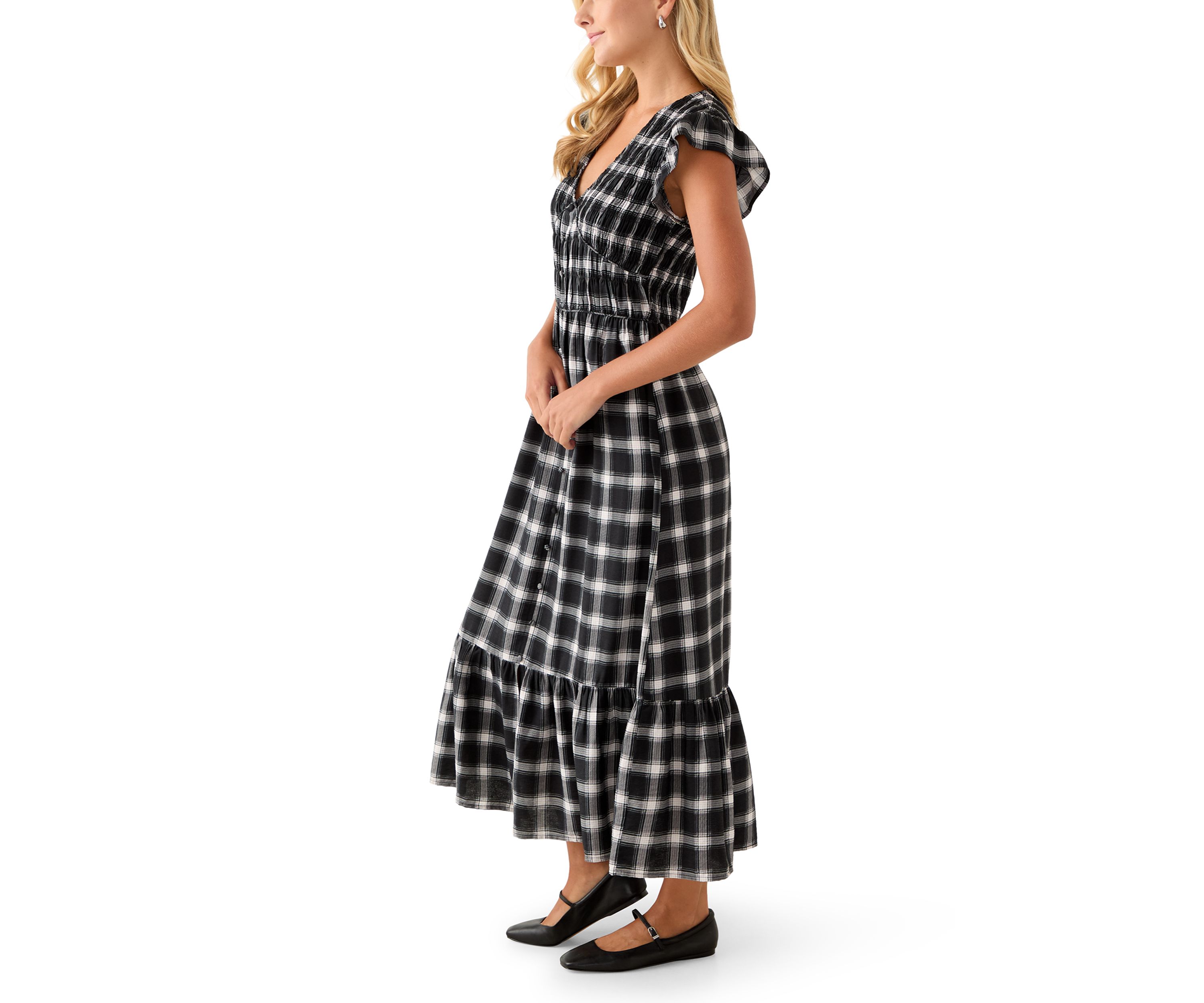 Womens Flutter Sleeve Button Down Maxi Dress