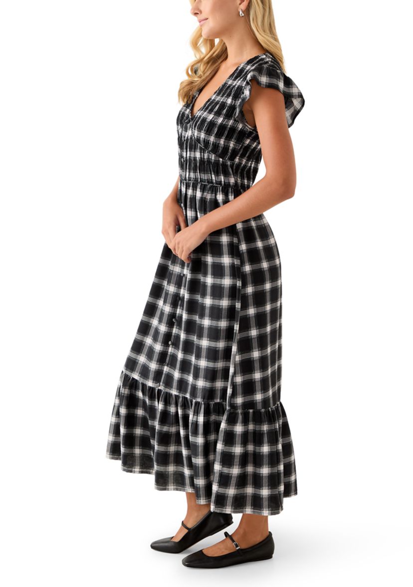 Womens Flutter Sleeve Button Down Maxi Dress